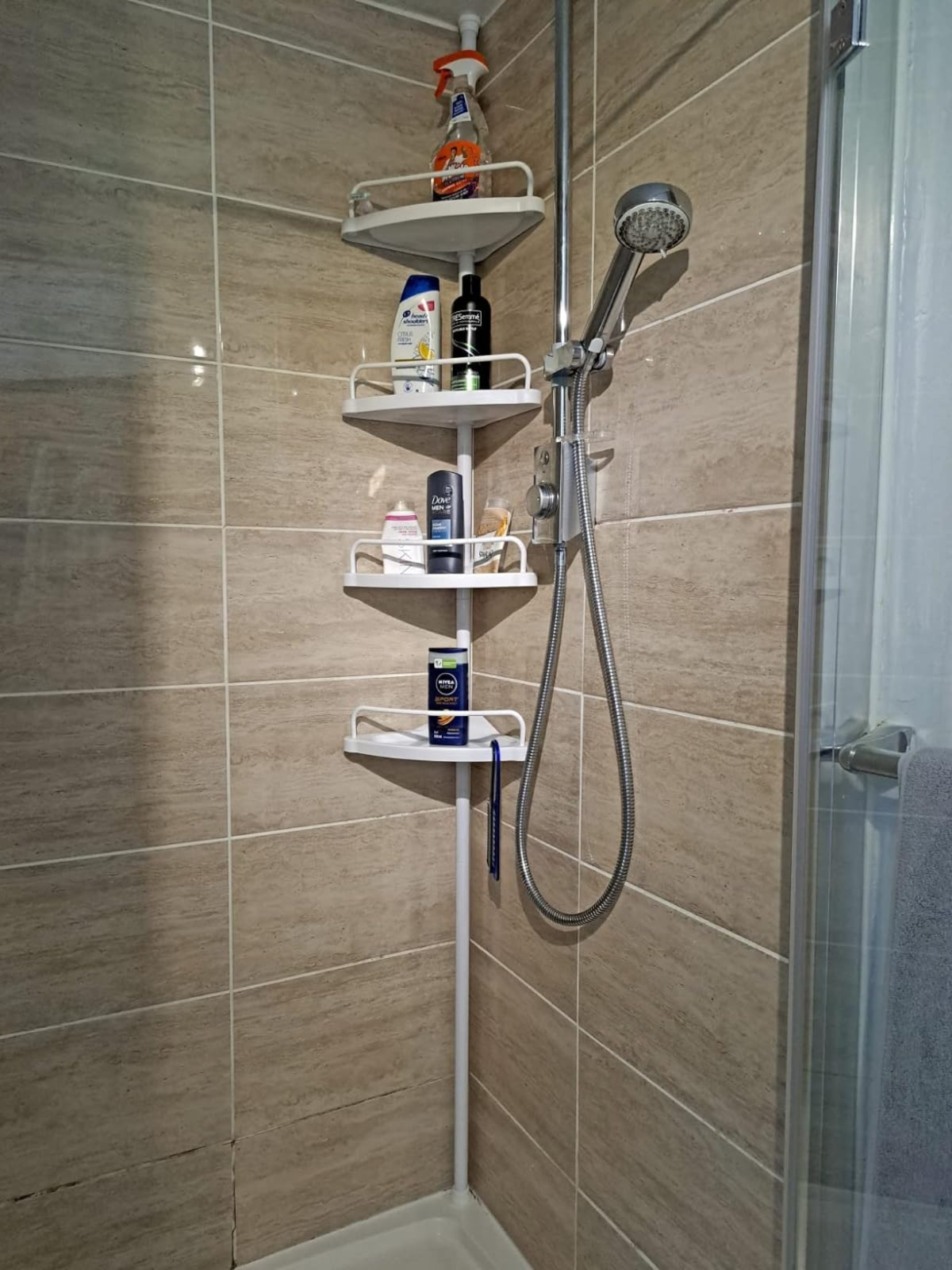 White Adjustable Corner Bathroom Shelf Shower Caddy Storage Telescopic Pole Unit