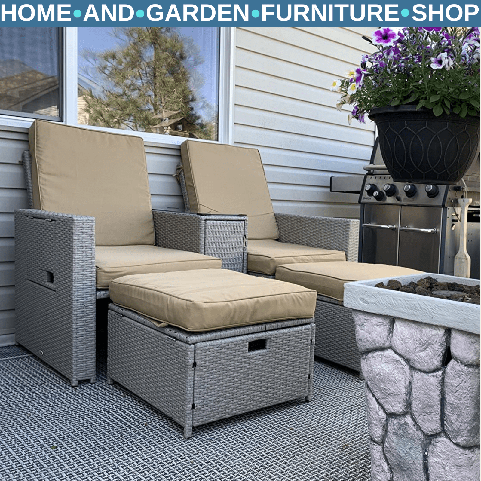 5pc PE Rattan Sun Lounger Recliner Set with Adjustable Backrest Storage & Table - Home and Garden Furniture Shop - rustic - furniture