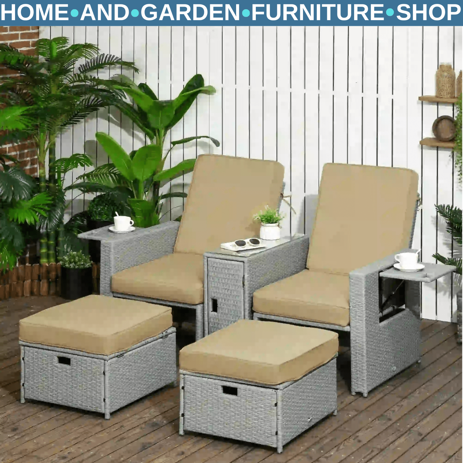 5pc Rattan Sun Lounger Outdoor Adjustable Recliner Sofa Bed with Storage Table - Home and Garden Furniture Shop - #rustic - furniture#