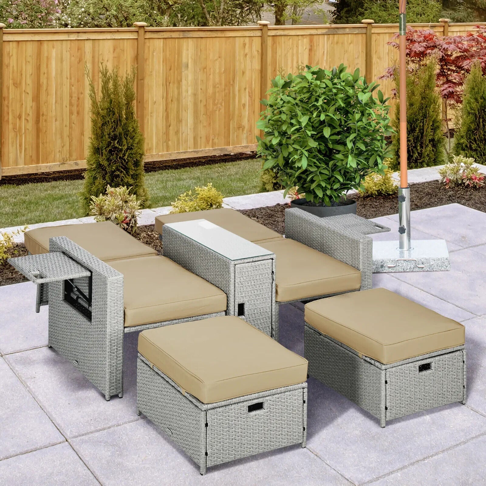 5pc Rattan Sun Lounger Outdoor Adjustable Recliner Sofa Bed with Storage Table - Home and Garden Furniture Shop - #rustic - furniture#