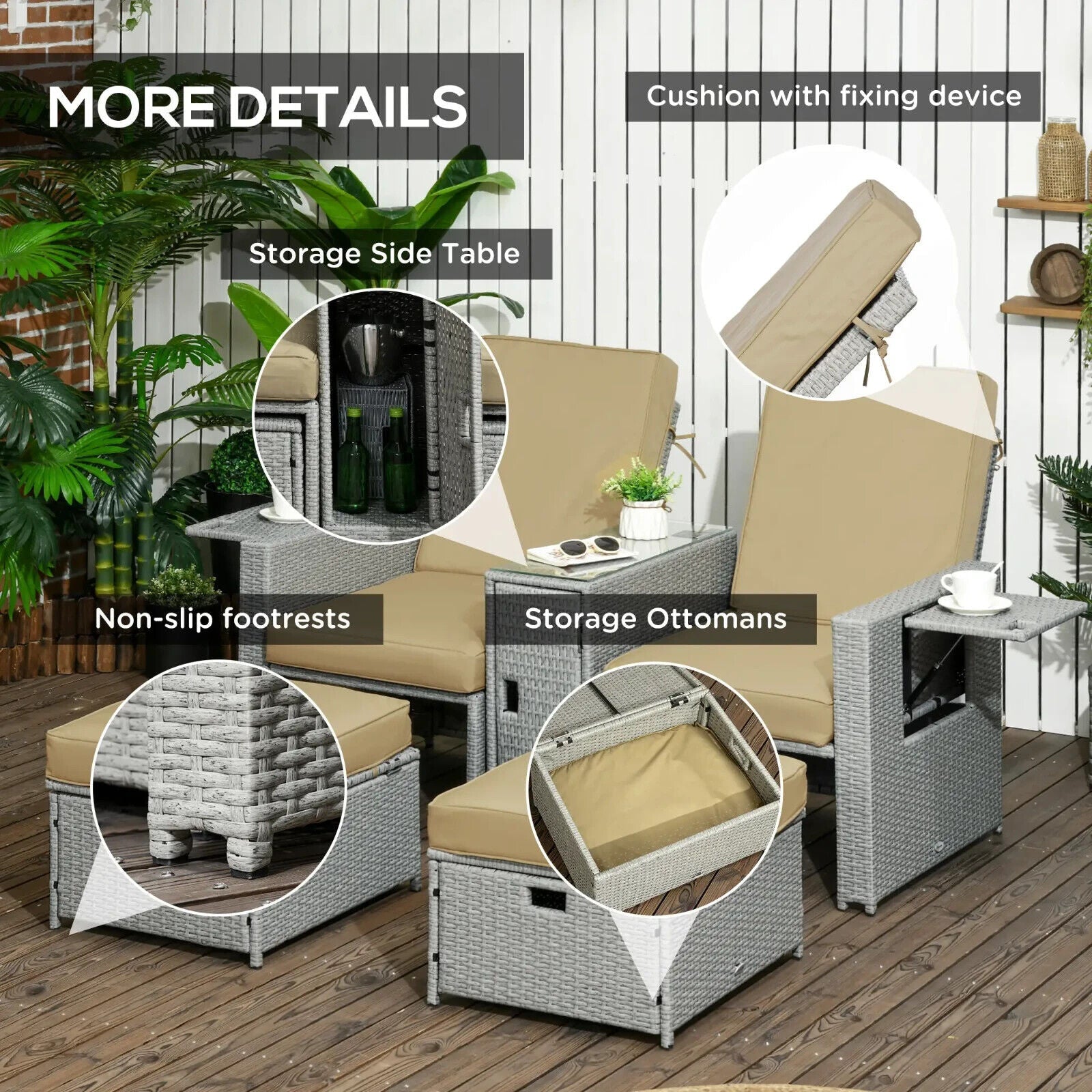 5pc Rattan Sun Lounger Outdoor Adjustable Recliner Sofa Bed with Storage Table - Home and Garden Furniture Shop - #rustic - furniture#