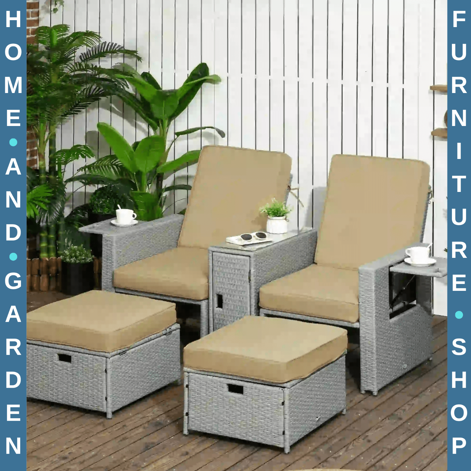 5pc Rattan Sun Lounger Outdoor Adjustable Recliner Sofa Bed with Storage Table - Home and Garden Furniture Shop - #rustic - furniture#