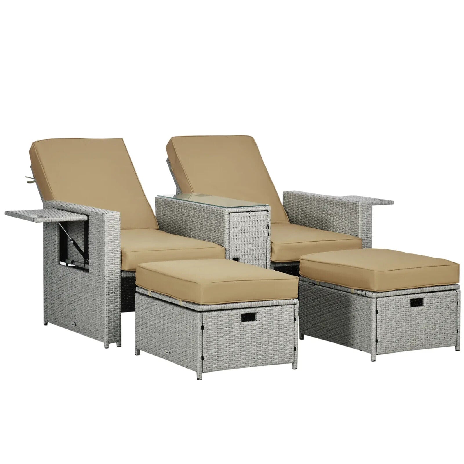 5pc Rattan Sun Lounger Outdoor Adjustable Recliner Sofa Bed with Storage Table - Home and Garden Furniture Shop - #rustic - furniture#