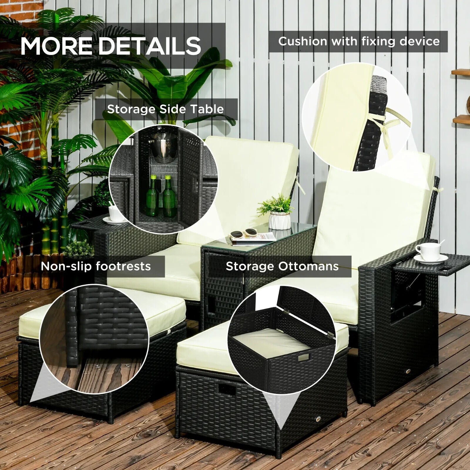 5pc Rattan Sun Lounger Outdoor Wicker Recliner Sofa Bed with Storage and Table - Home and Garden Furniture Shop - #rustic - furniture#