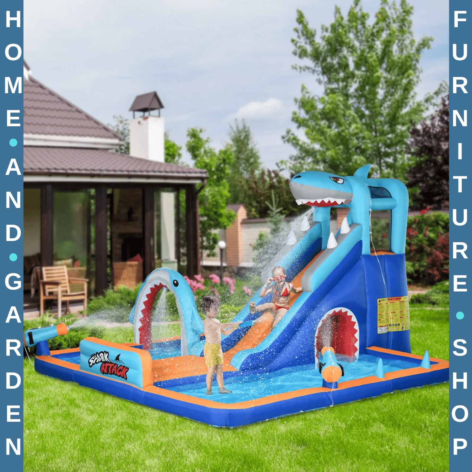 6 in 1 Shark Themed Bouncy Castle Inflatable Water Park with Slide Pool Ages 3–8 - Home and Garden Furniture Shop - rustic - furniture