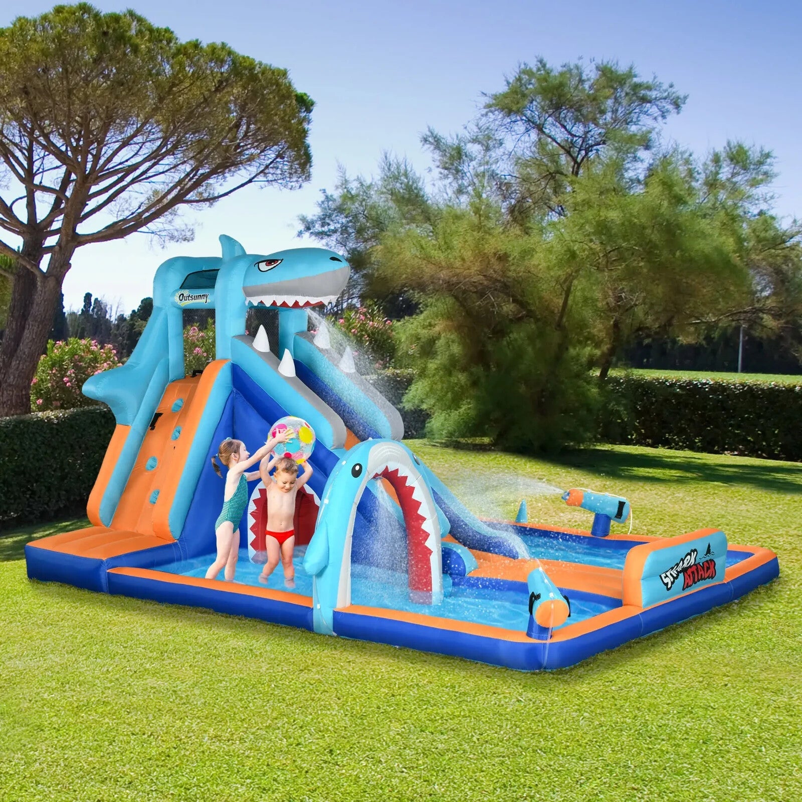 6 in 1 Shark Themed Bouncy Castle Inflatable Water Park with Slide Pool Ages 3–8 - Home and Garden Furniture Shop - rustic - furniture