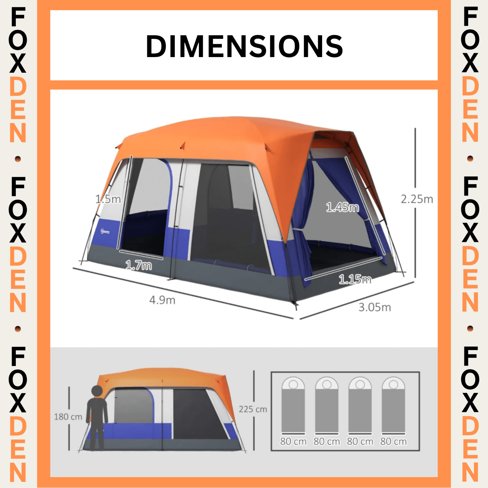 6 Man Camping Tent Mesh Windows Groundsheet Ventilation Orange Air Vents FOXDEN - Home and Garden Furniture Shop - rustic - furniture