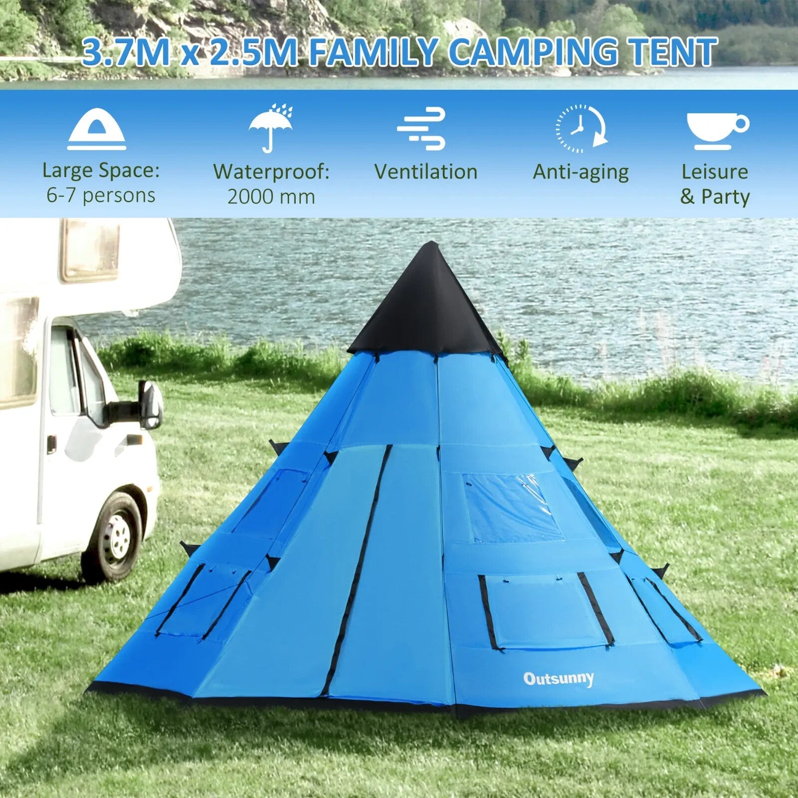 6 Man Tipi Camping Tent Teepee Family Shelter with Zipped Door Mesh Windows - Home and Garden Furniture Shop - rustic - furniture