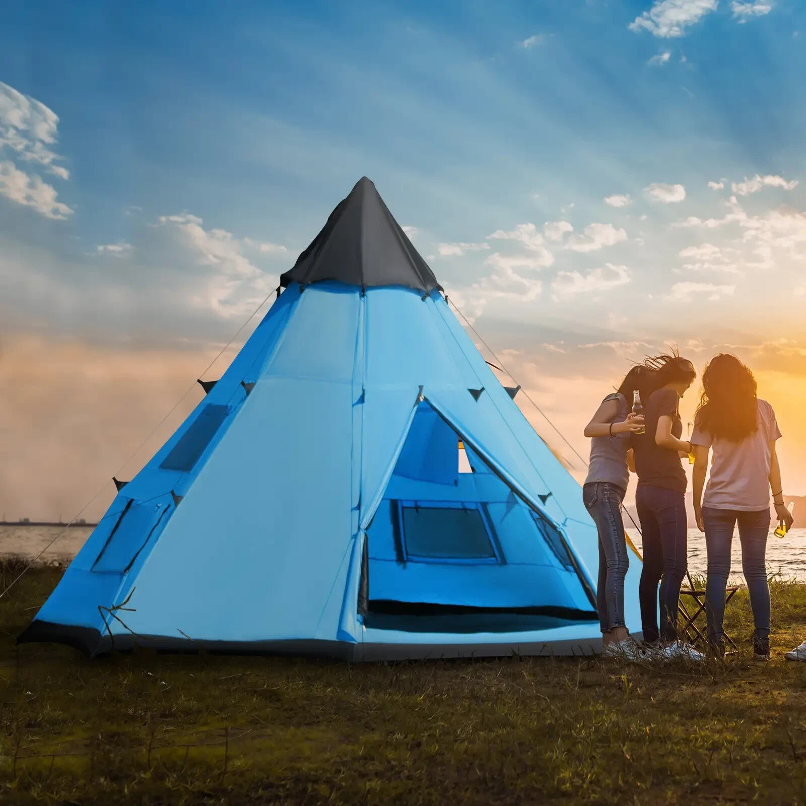 6 Man Tipi Camping Tent Teepee Family Shelter with Zipped Door Mesh Windows - Home and Garden Furniture Shop - rustic - furniture