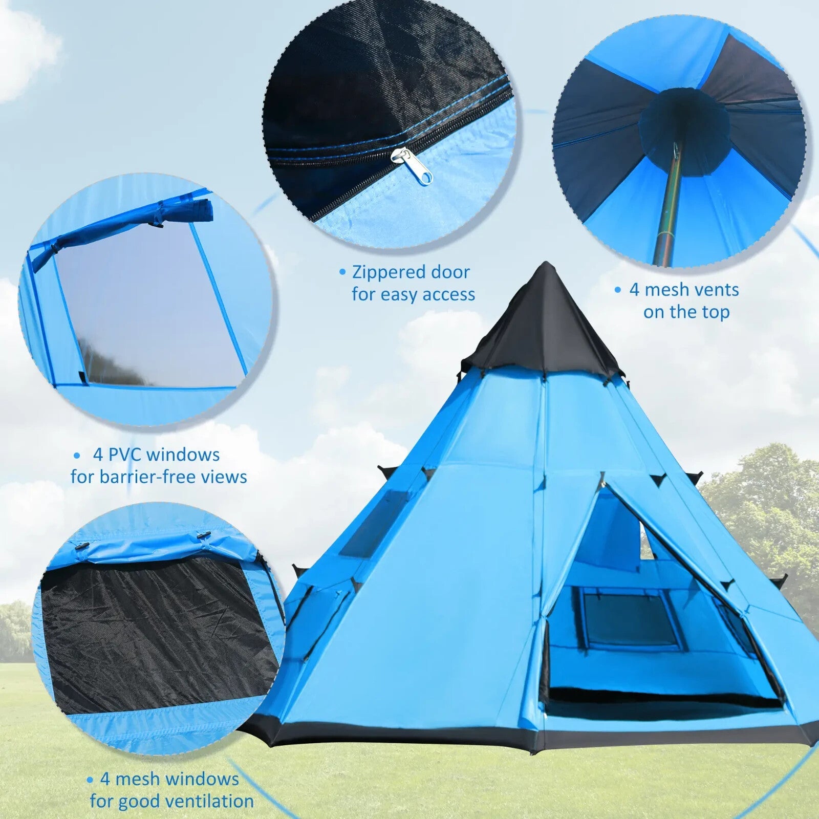 6 Man Tipi Camping Tent Teepee Family Shelter with Zipped Door Mesh Windows - Home and Garden Furniture Shop - rustic - furniture