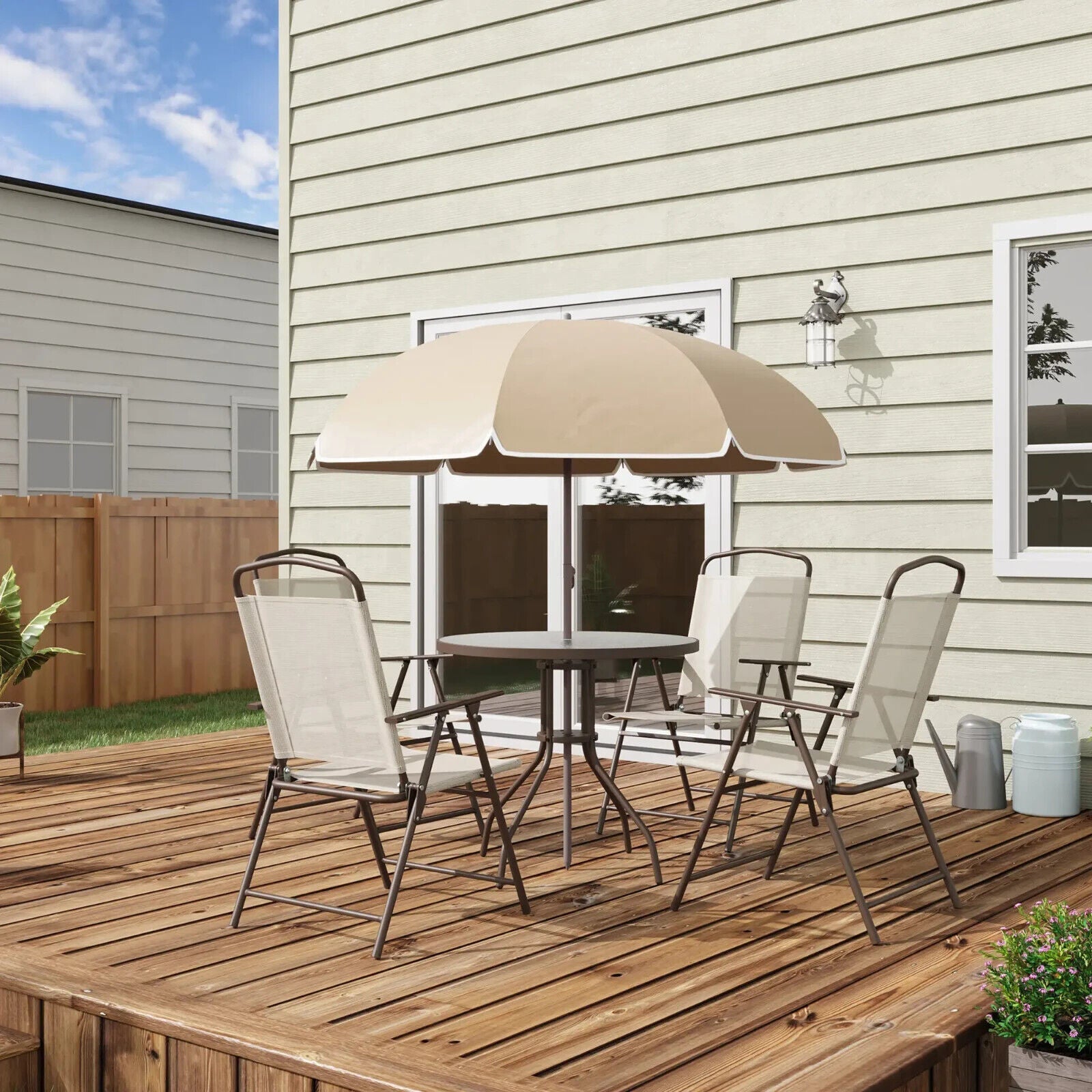 6 Piece Garden Furniture Set Folding Chairs Table and Parasol for Patio Cream - Home and Garden Furniture Shop - #rustic - furniture#