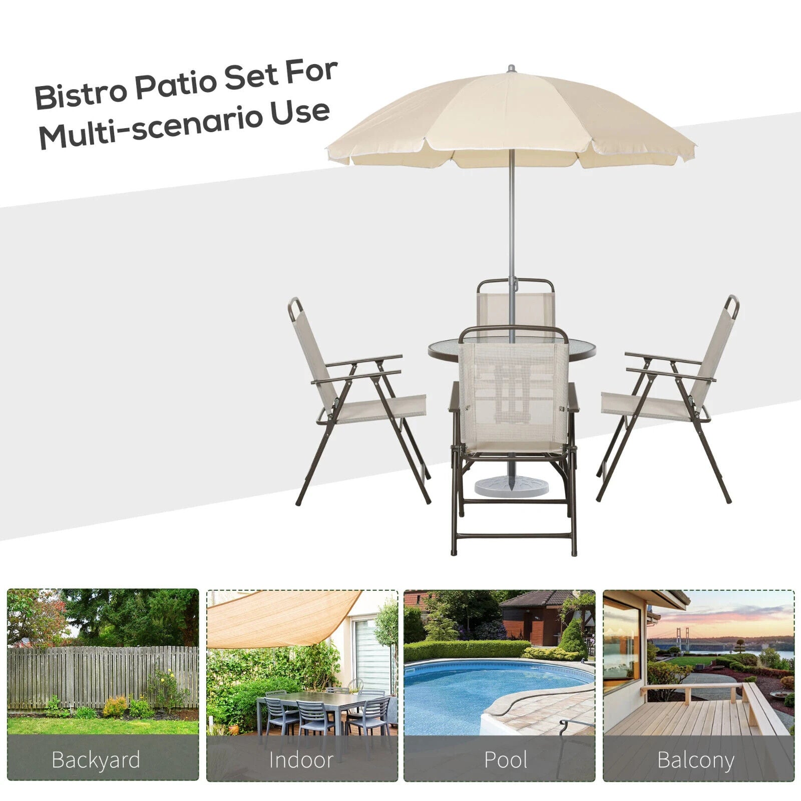 6 Piece Garden Furniture Set Folding Chairs Table and Parasol for Patio Cream - Home and Garden Furniture Shop - #rustic - furniture#