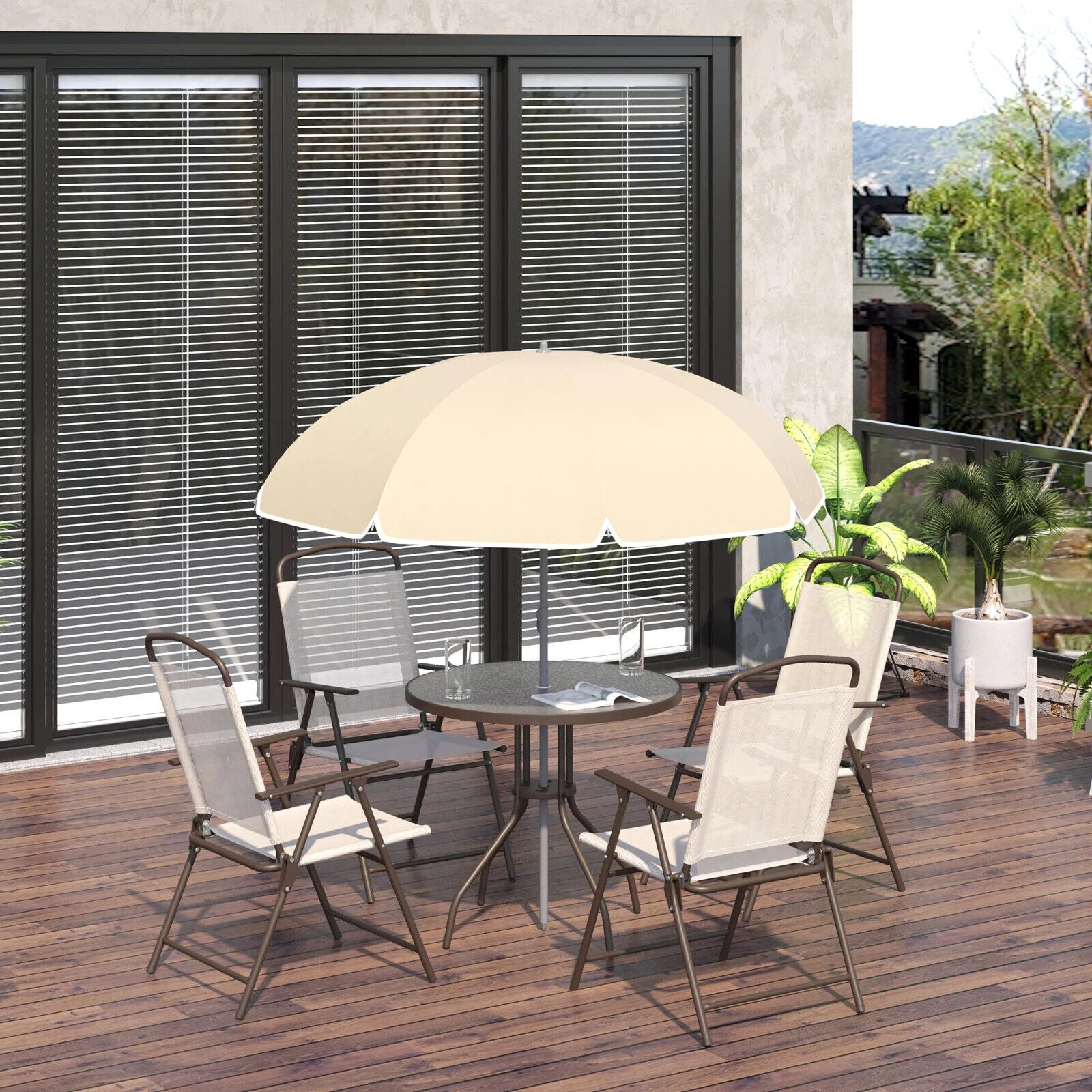 6 Piece Garden Furniture Set Folding Chairs Table and Parasol for Patio Cream - Home and Garden Furniture Shop - #rustic - furniture#