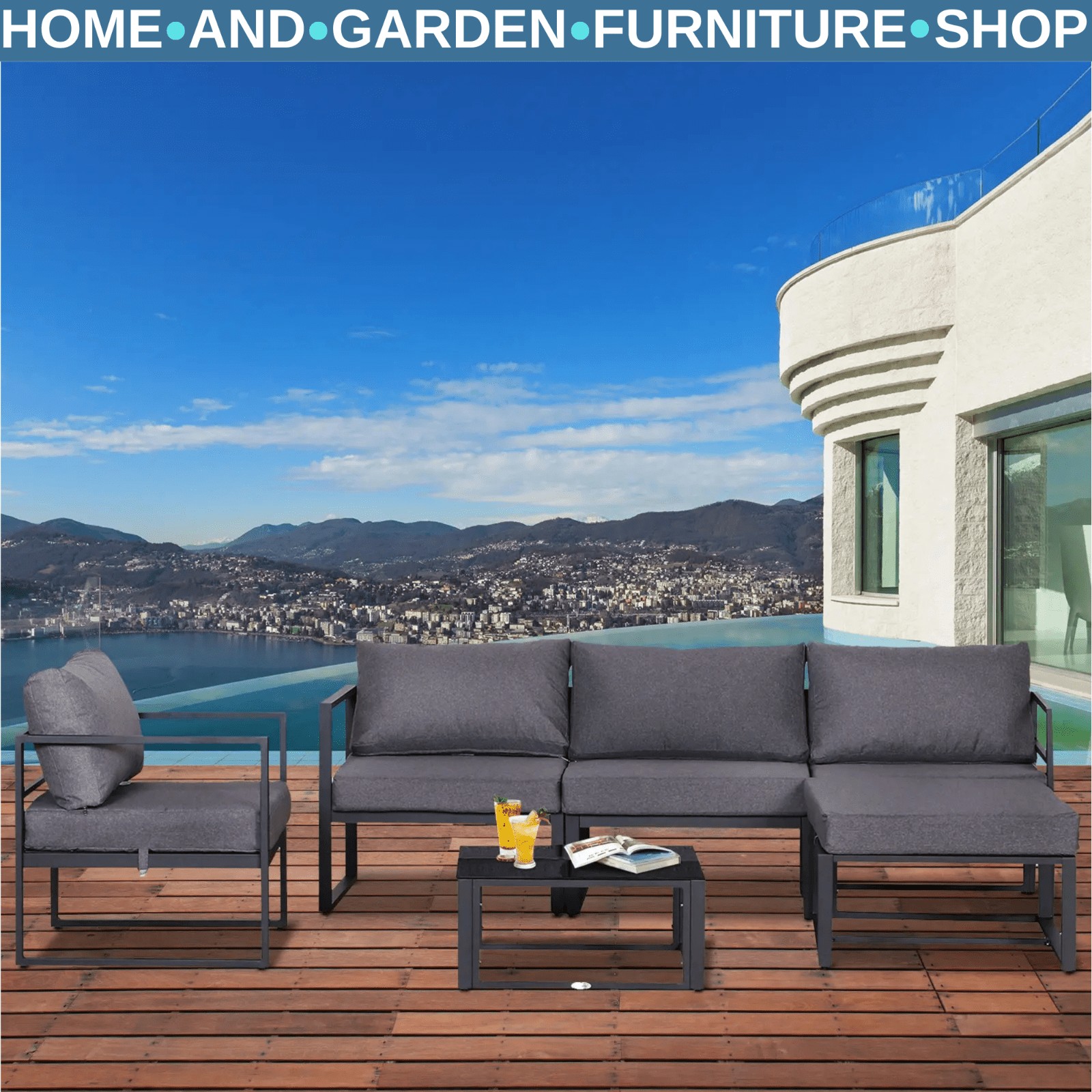 6 - Piece Garden Sectional Sofa Set w/ Aluminium Frame, Coffee Table, & Footstool - Home and Garden Furniture Shop - rustic - furniture