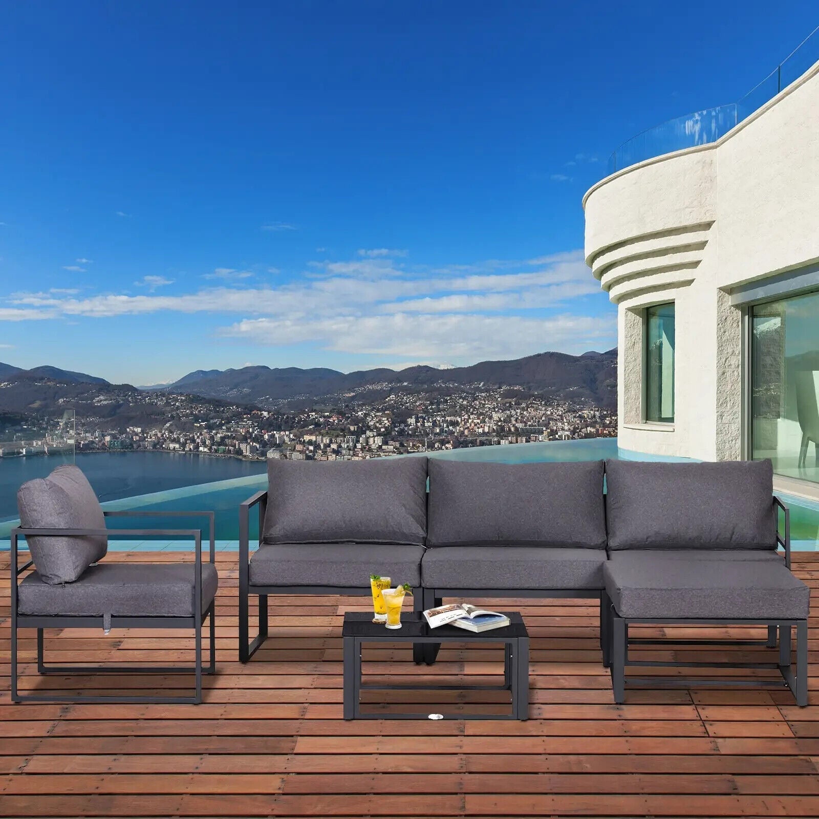 6 Piece Outdoor Sectional Sofa Set Aluminium Frame Cushions Tempered Glass Table - Home and Garden Furniture Shop - #rustic - furniture#
