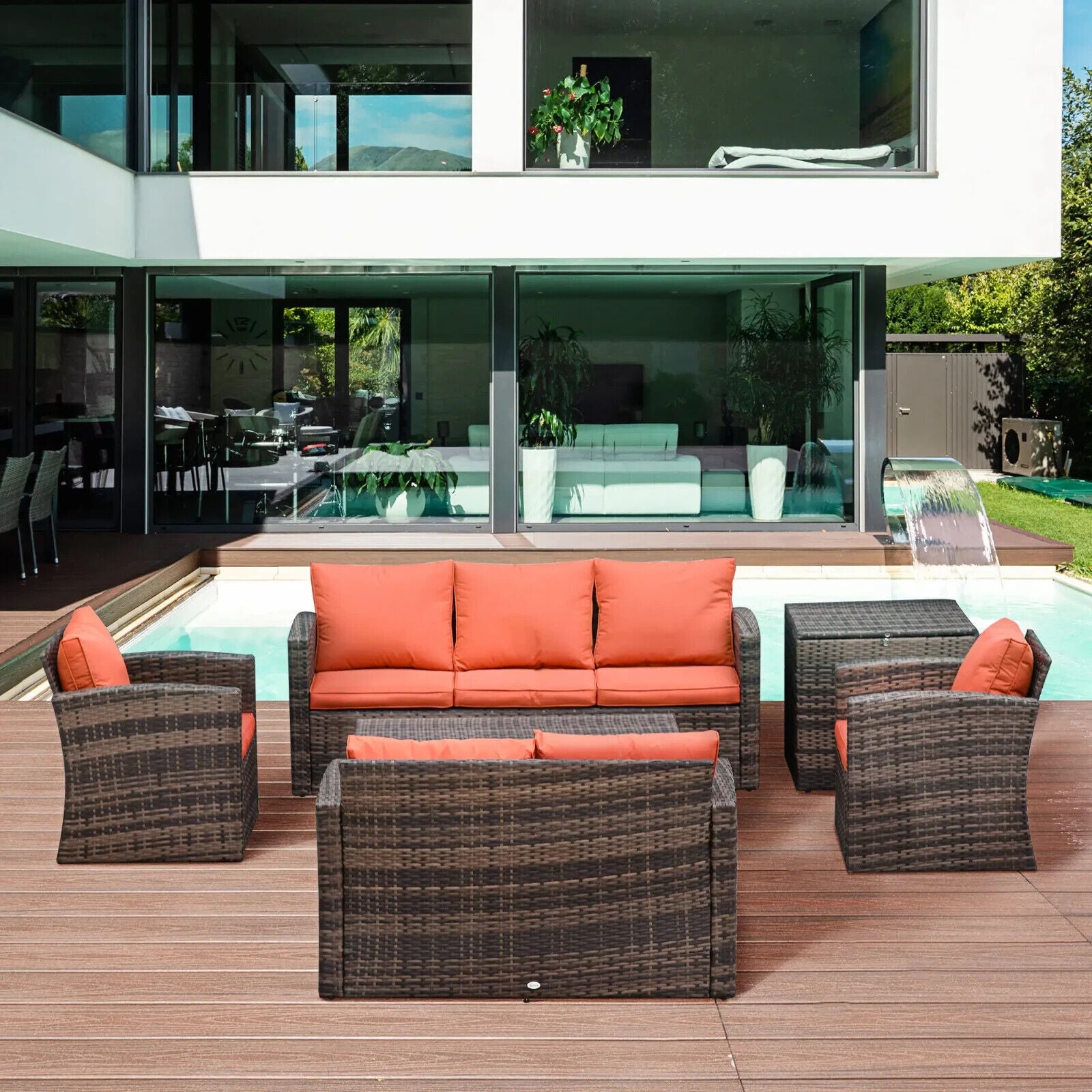 6 Piece Rattan Garden Furniture Set 7 Seater with Storage Tea Table Orange - Home and Garden Furniture Shop - #rustic - furniture#