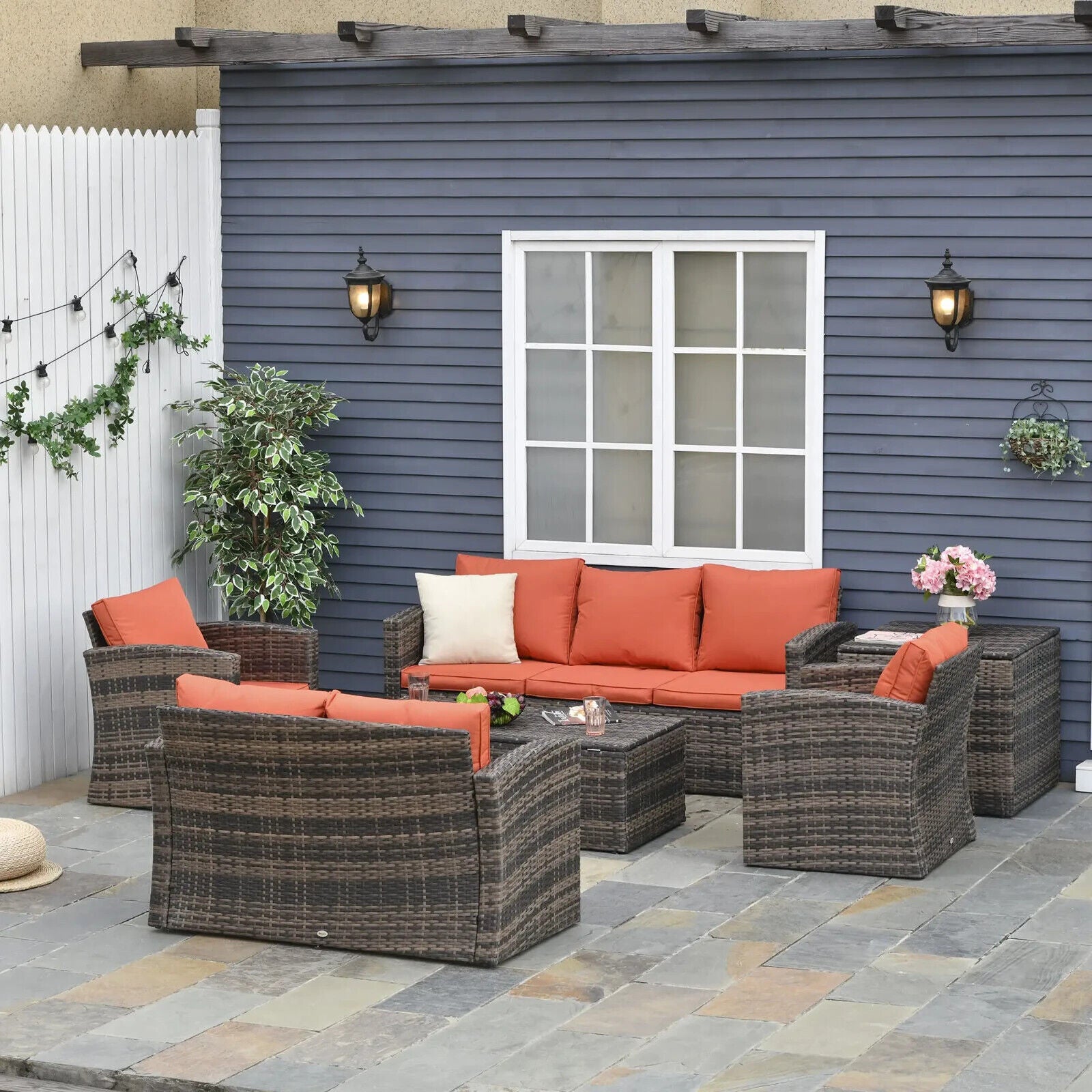6 Piece Rattan Garden Furniture Set 7 Seater with Storage Tea Table Orange - Home and Garden Furniture Shop - #rustic - furniture#