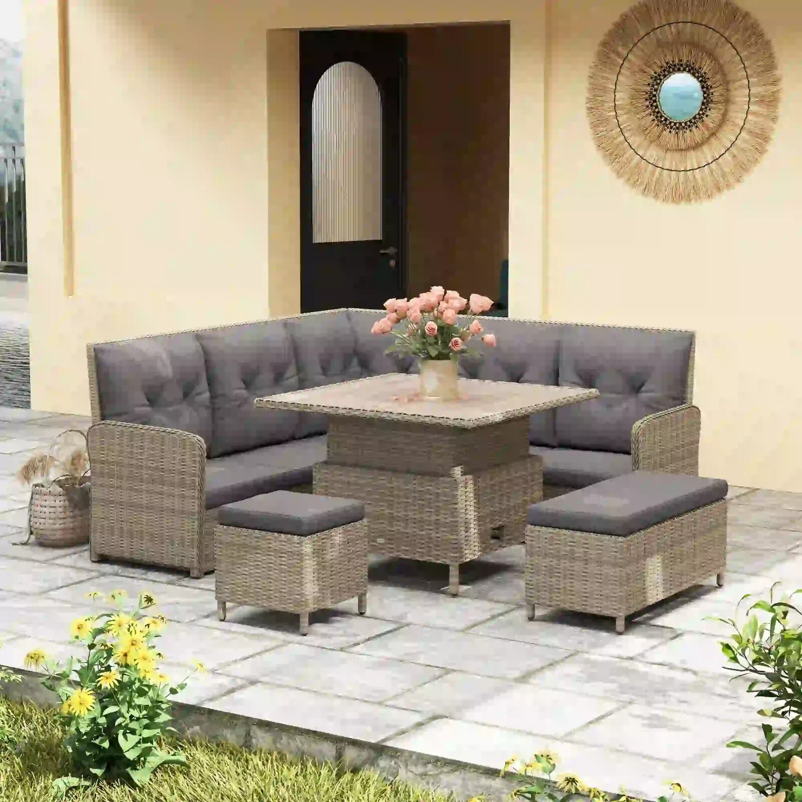 6 - Piece Rattan Garden Furniture Set Sectional Corner Sofa w/Cushions Soft Padded - Home and Garden Furniture Shop - rustic - furniture