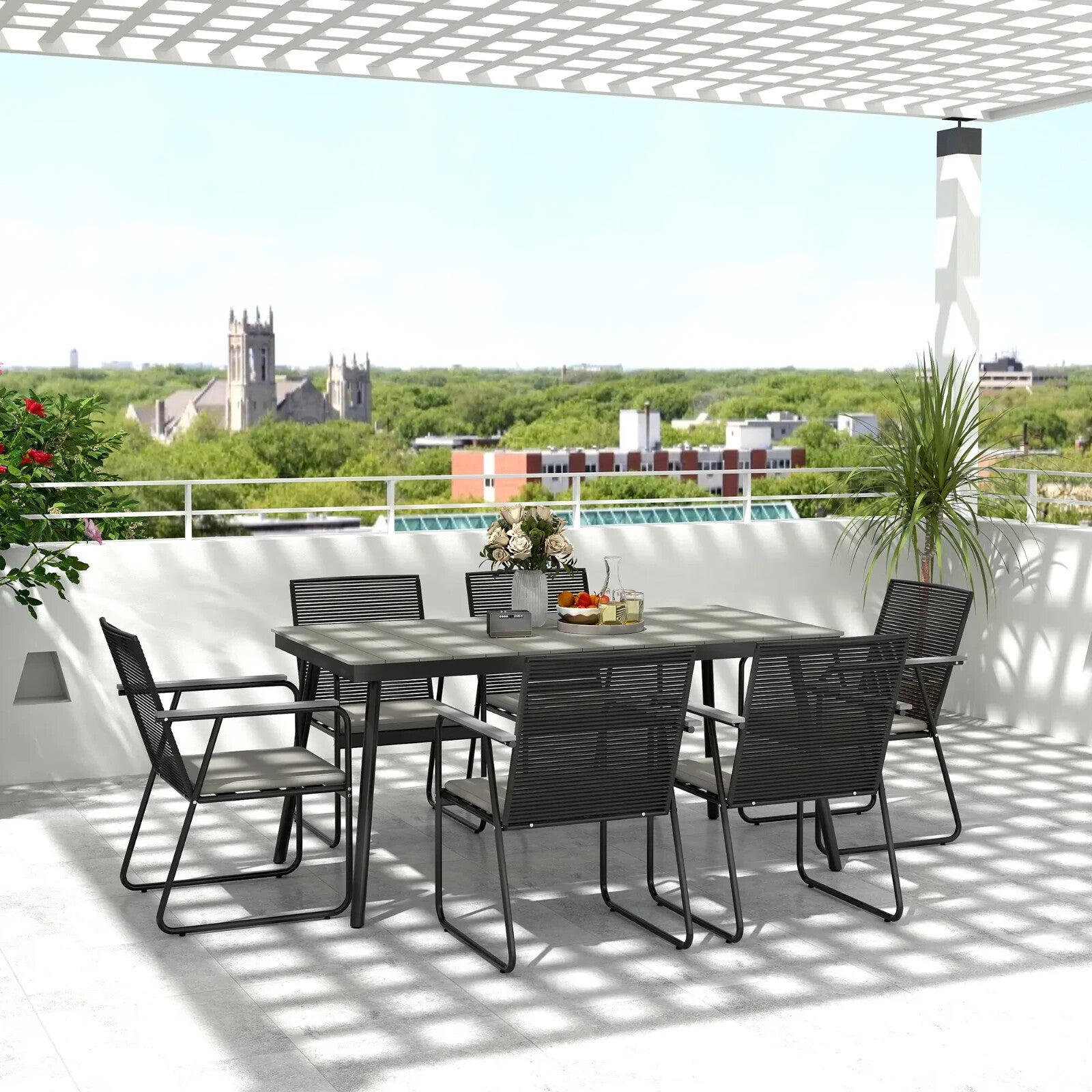 6 Seater Garden Dining Set Soft Cushions Rattan Backrest Outdoor Furniture Grey - Home and Garden Furniture Shop - rustic - furniture