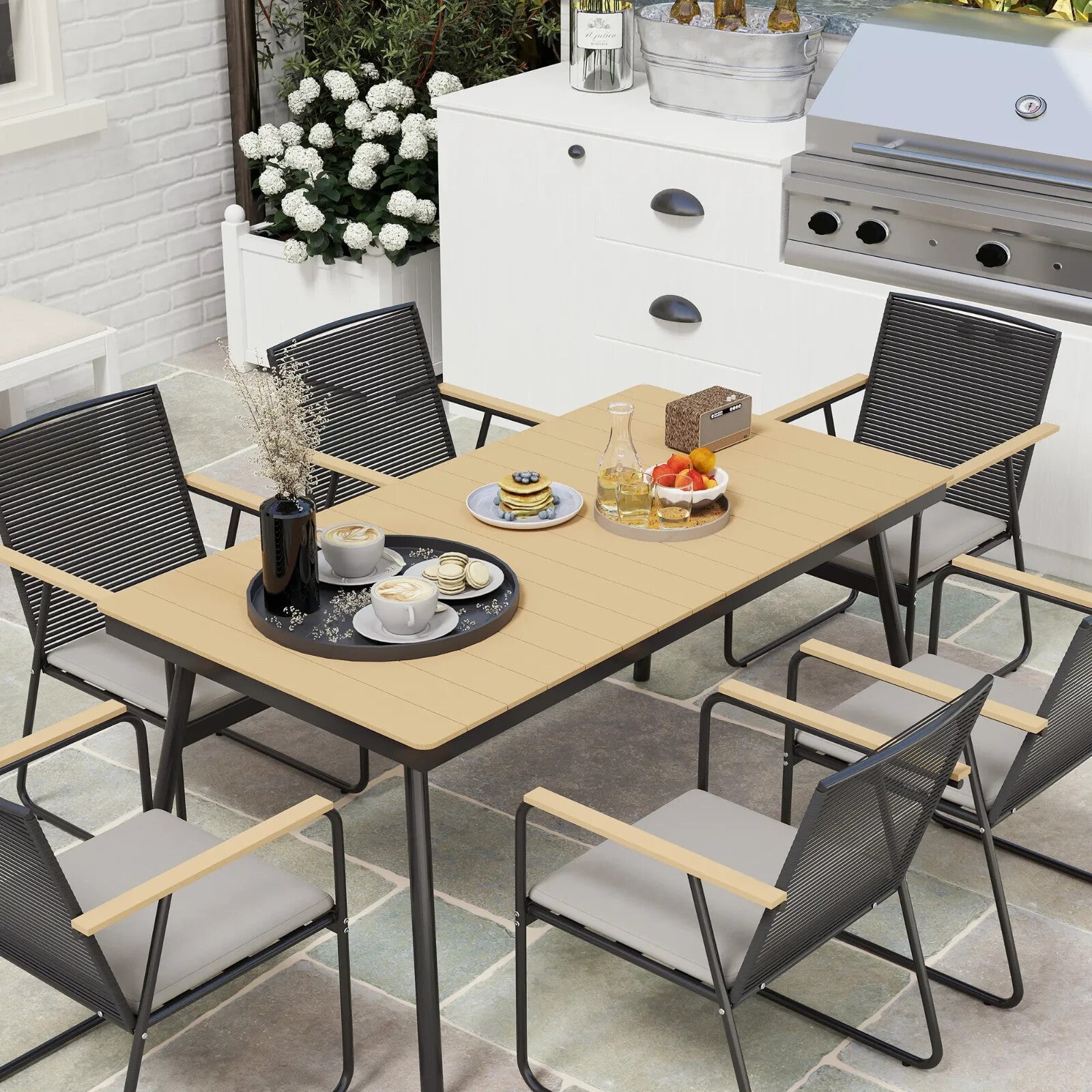 6 Seater Garden Dining Set with Cushions Rattan Backrest Outdoor Furniture Set - Home and Garden Furniture Shop - rustic - furniture