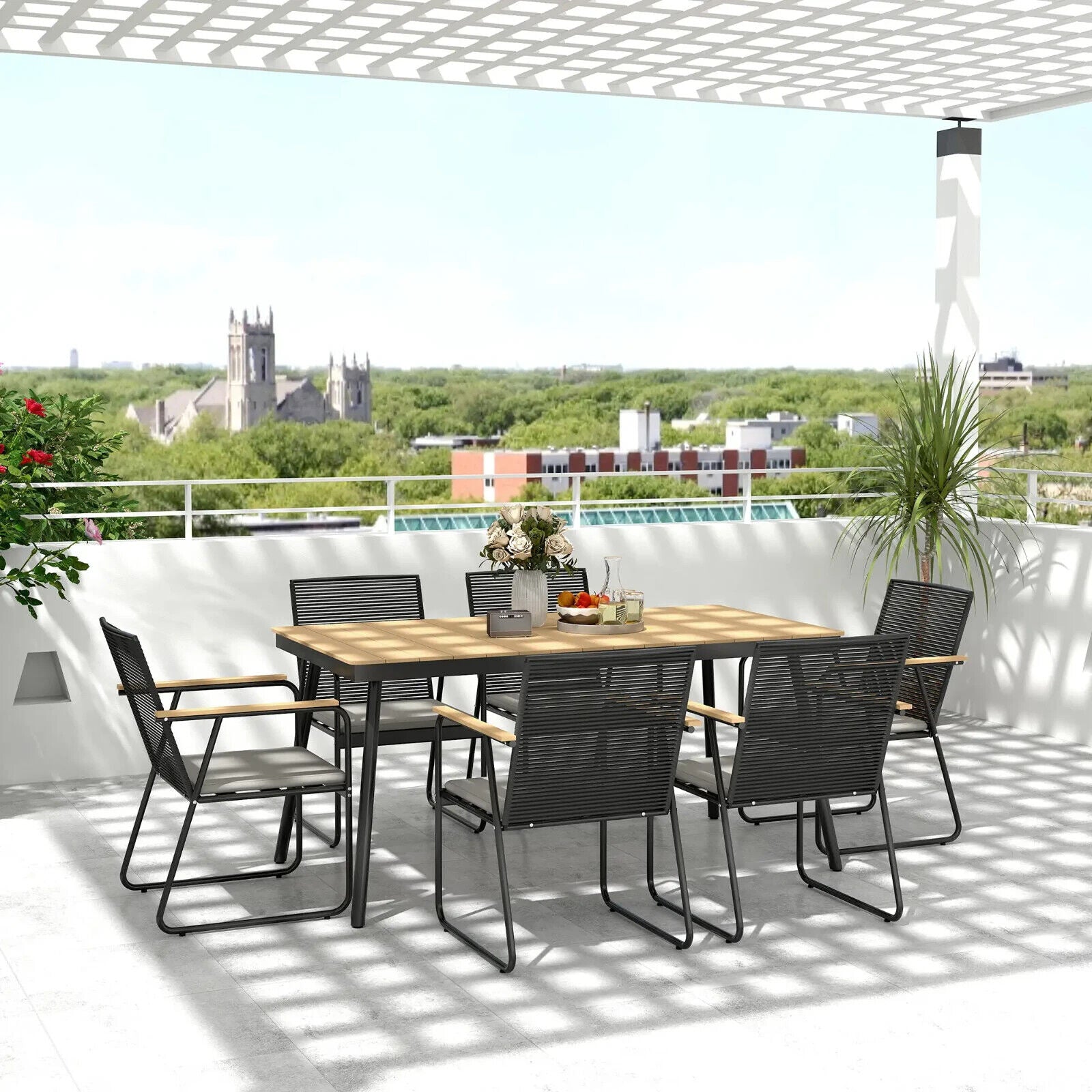 6 Seater Garden Dining Set with Cushions Rattan Backrest Outdoor Furniture Set - Home and Garden Furniture Shop - #rustic - furniture#