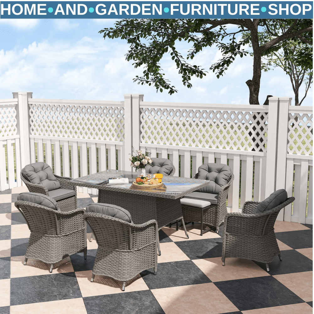 6 Seater Rattan Dining Set Outdoor Garden Furniture with Table and Back Cushions - Home and Garden Furniture Shop - rustic - furniture