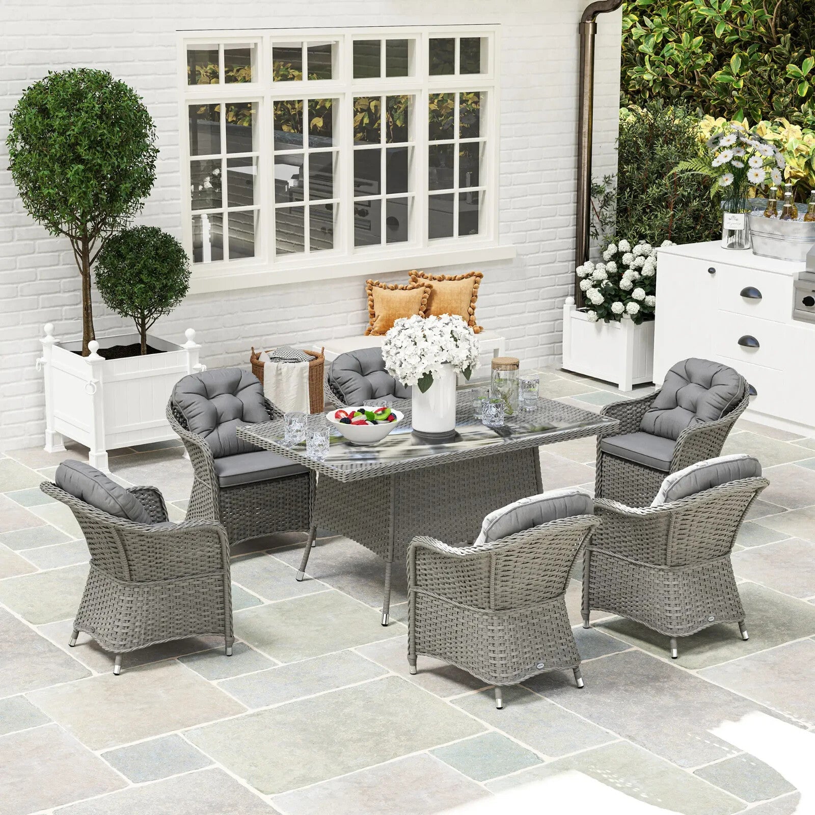 6 Seater Rattan Dining Set Outdoor Garden Furniture with Table and Back Cushions - Home and Garden Furniture Shop - rustic - furniture