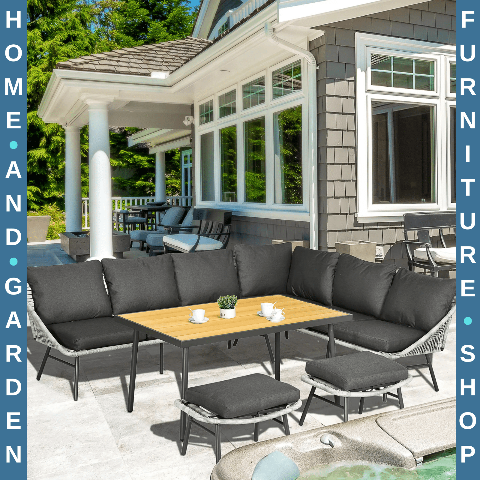 6 Seater Rattan Furniture Set w/ Sofa Footstool &Wood Plastic Coffee Table - Home and Garden Furniture Shop - rustic - furniture