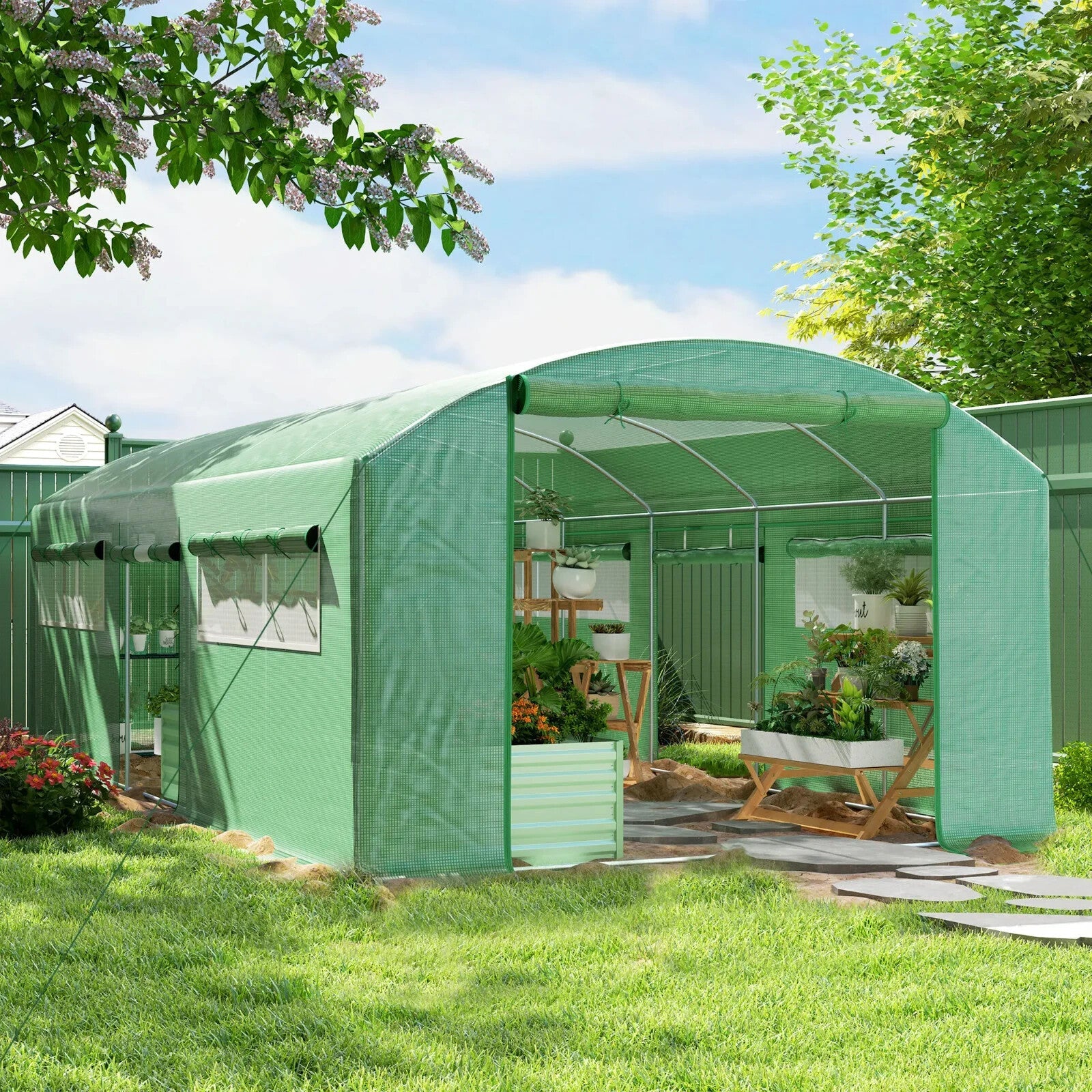 6 x 3 x 2 m Polytunnel Greenhouse with 3 Doors Mesh Window Walk In Garden Tunnel - Home and Garden Furniture Shop - rustic - furniture
