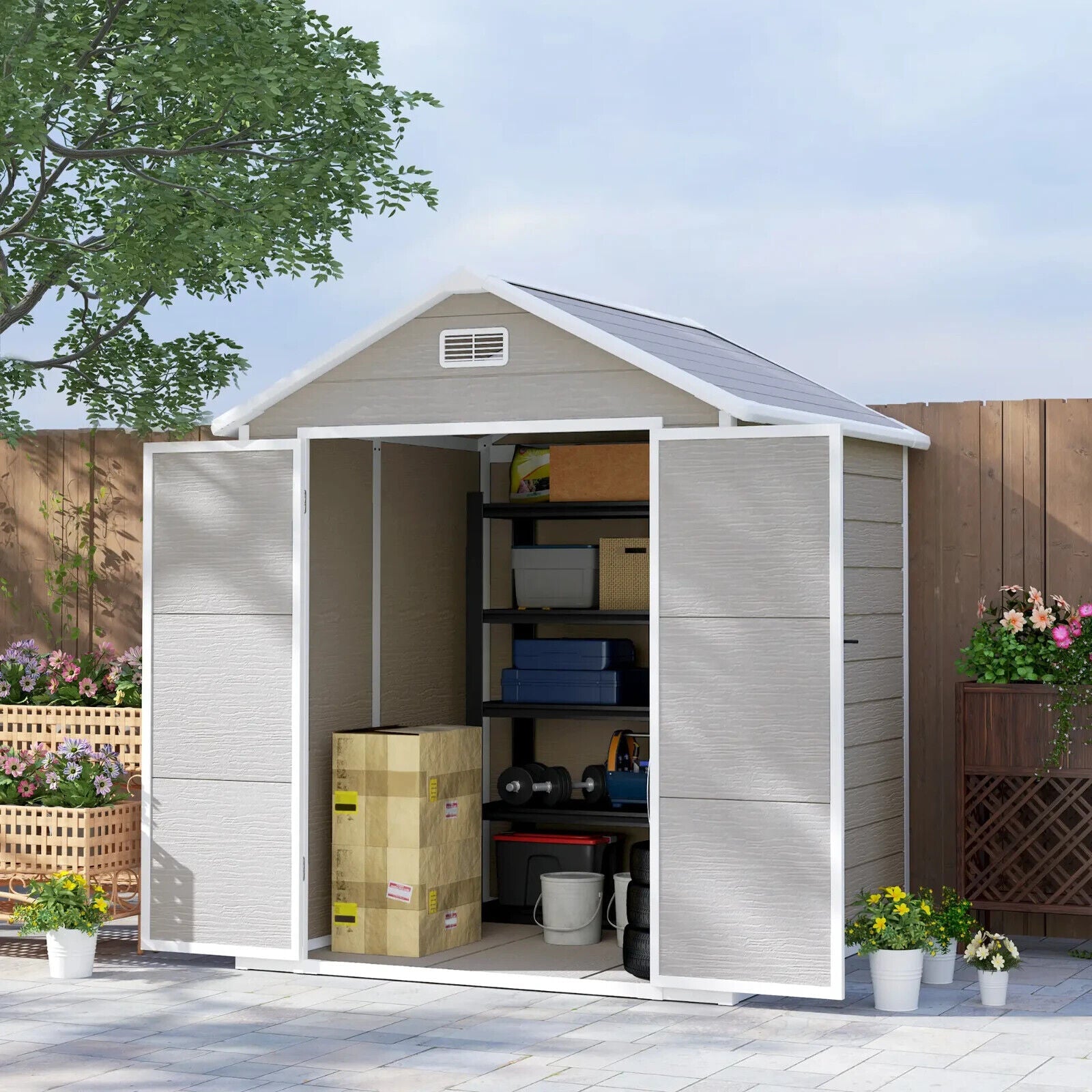 6 x 5ft Plastic Garden Shed with Floor and Window Grey Patio Tool Storage Shed - Home and Garden Furniture Shop - #rustic - furniture#