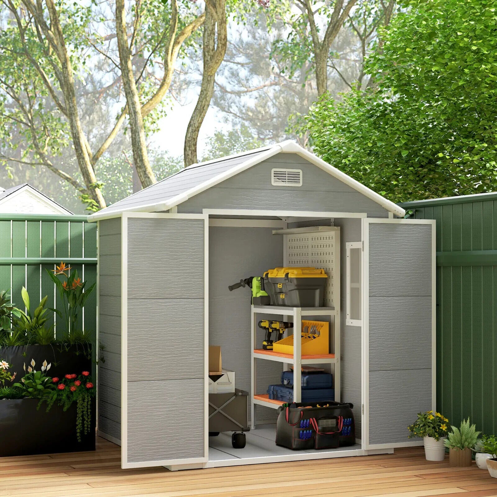6 x 5ft Plastic Garden Shed with Floor and Window Grey Patio Tool Storage Shed - Home and Garden Furniture Shop - #rustic - furniture#