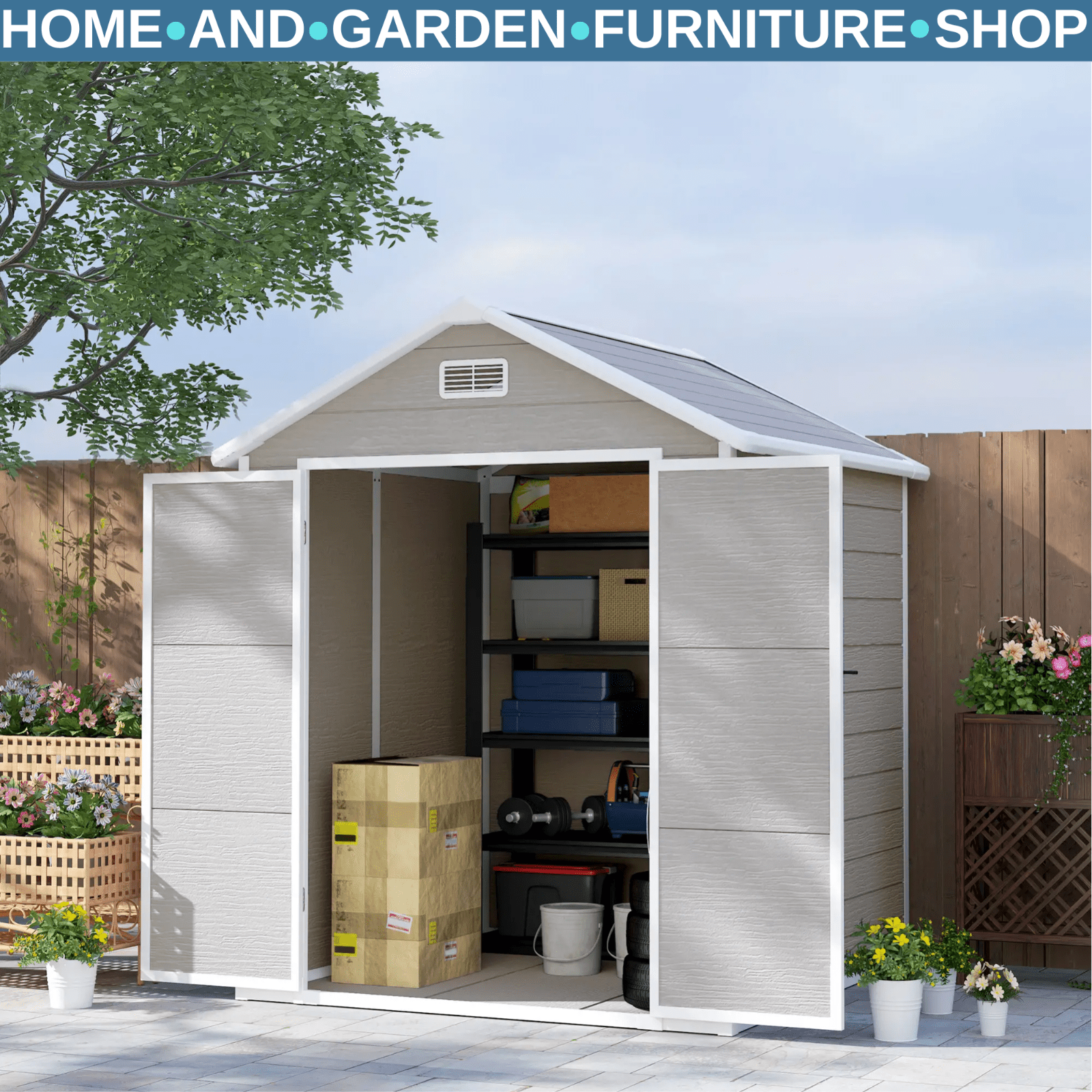 6 x 5ft Plastic Garden Shed with Floor and Window Grey Patio Tool Storage Shed - Home and Garden Furniture Shop - #rustic - furniture#