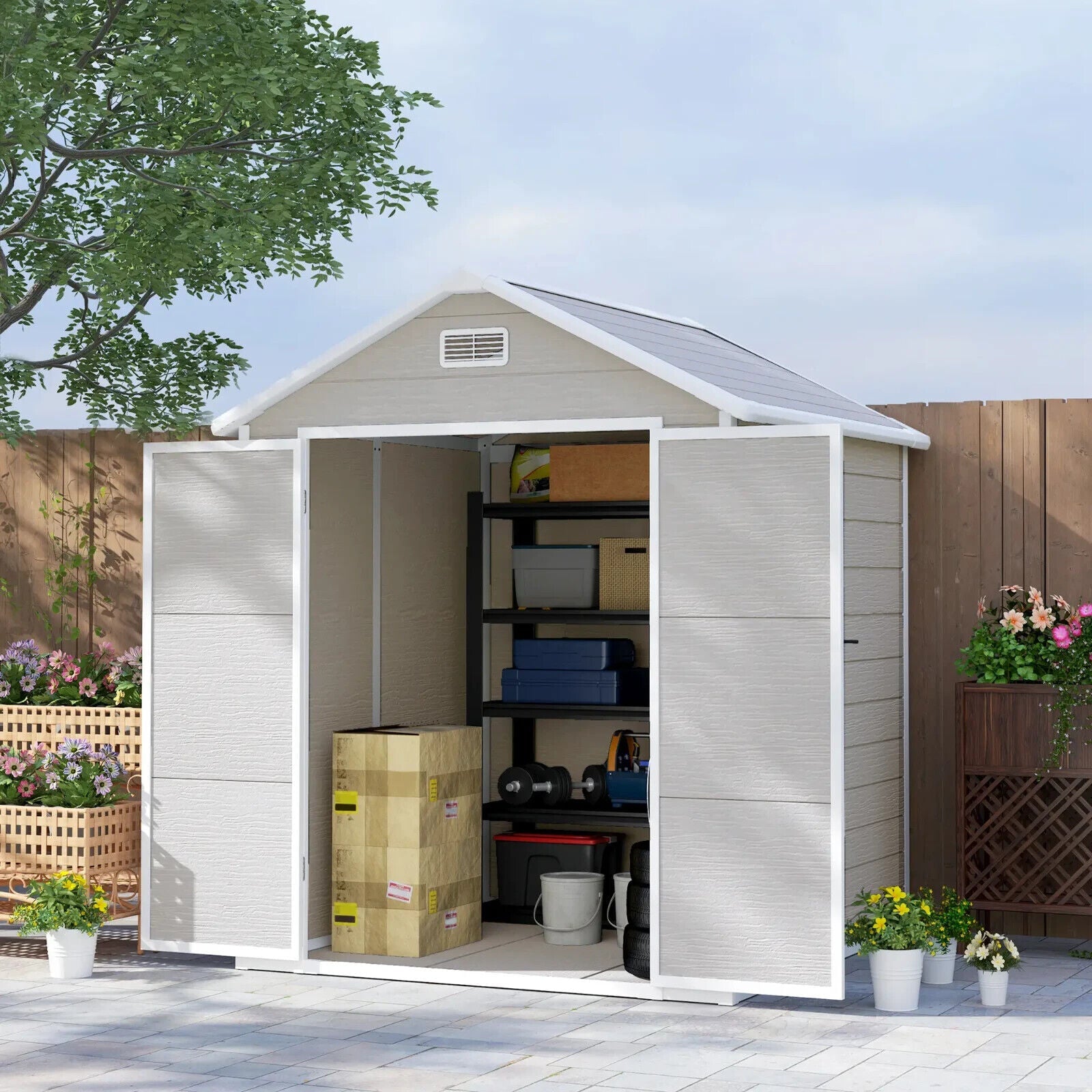 6 x 5ft Plastic Garden Shed with Floor Window Lockable Doors Vents Resin Storage - Home and Garden Furniture Shop - #rustic - furniture#