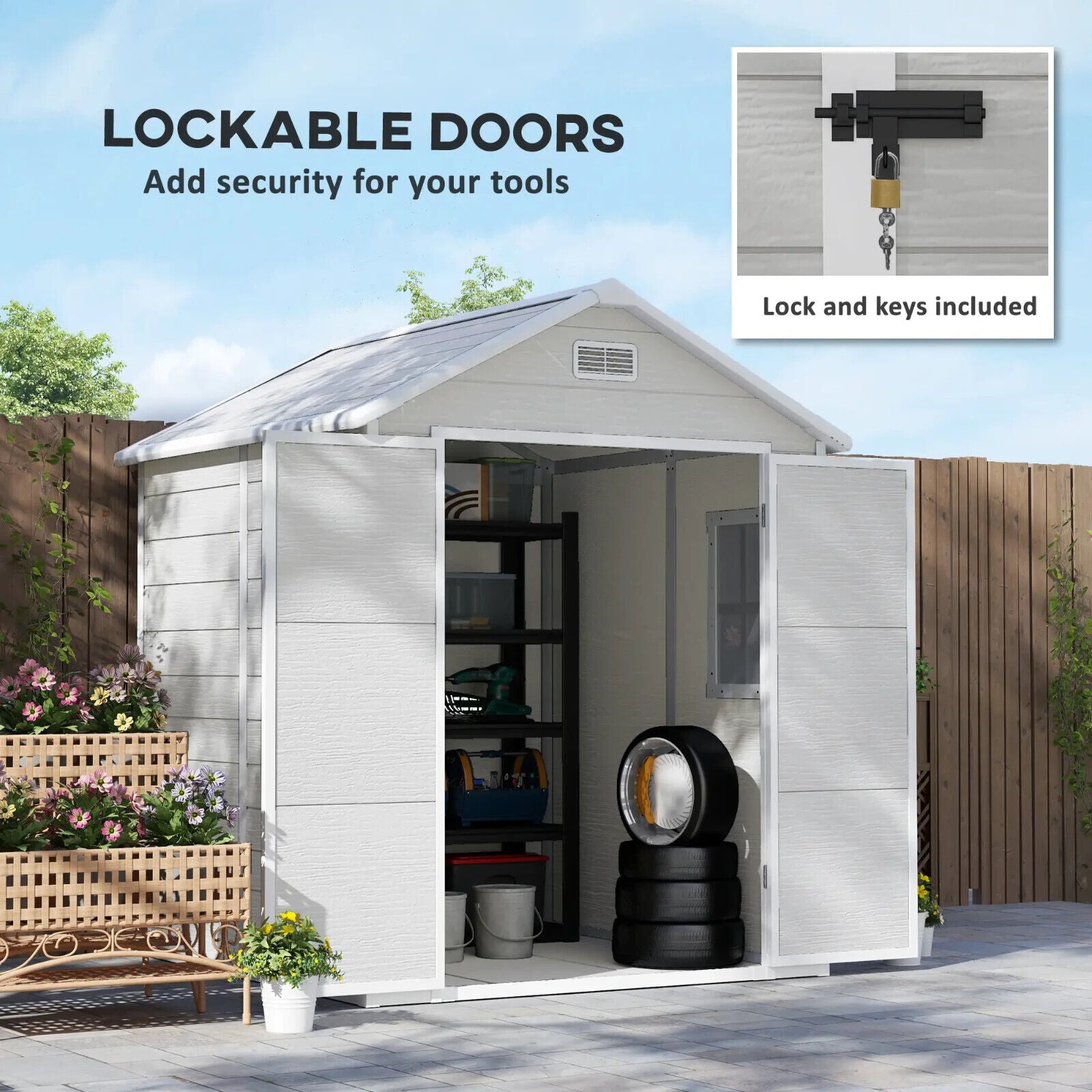 6 x 5ft Plastic Garden Shed with Floor Window Lockable Doors Vents Resin Storage - Home and Garden Furniture Shop - #rustic - furniture#