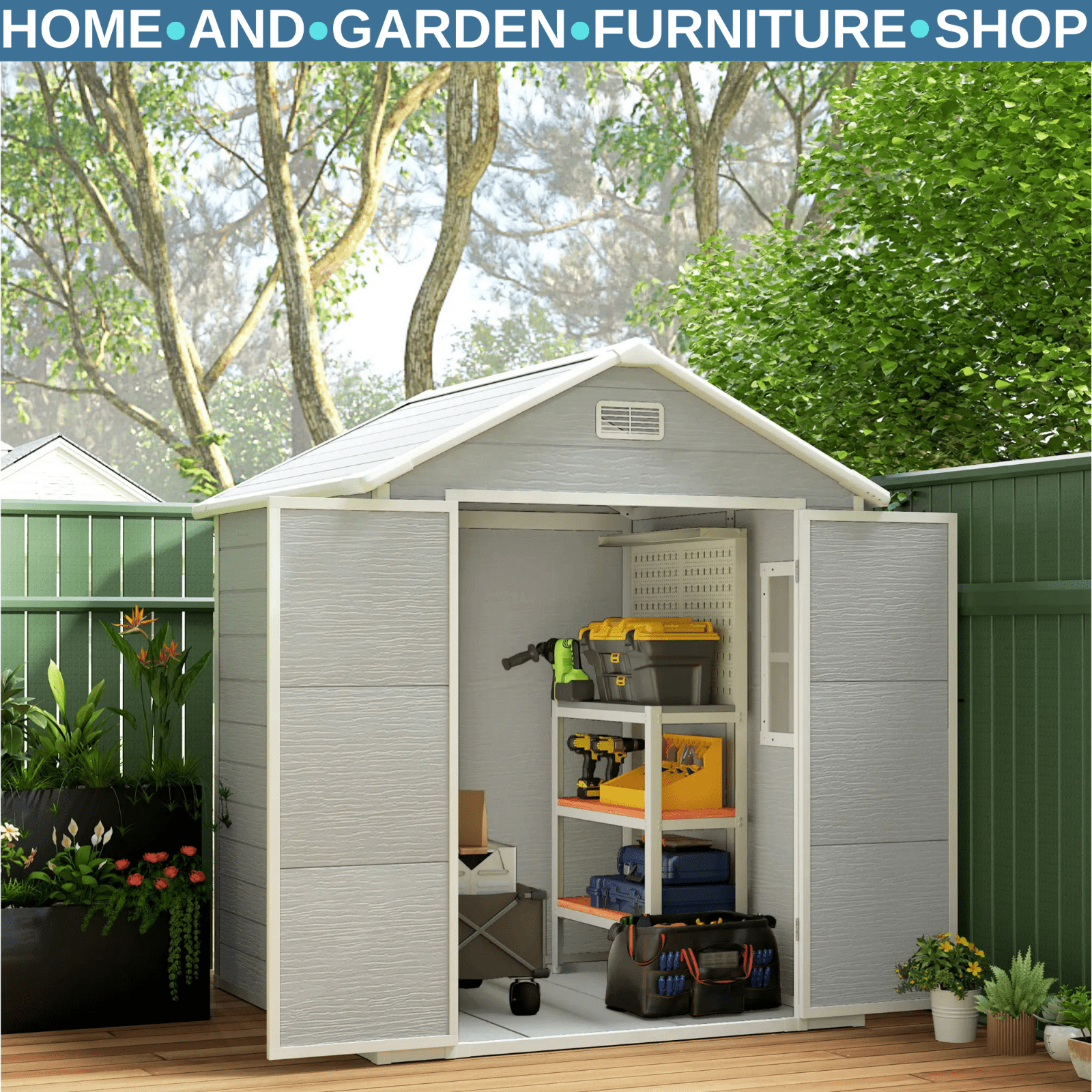 6 x 5ft Plastic Garden Shed with Floor Window Lockable Doors Vents Resin Storage - Home and Garden Furniture Shop - #rustic - furniture#