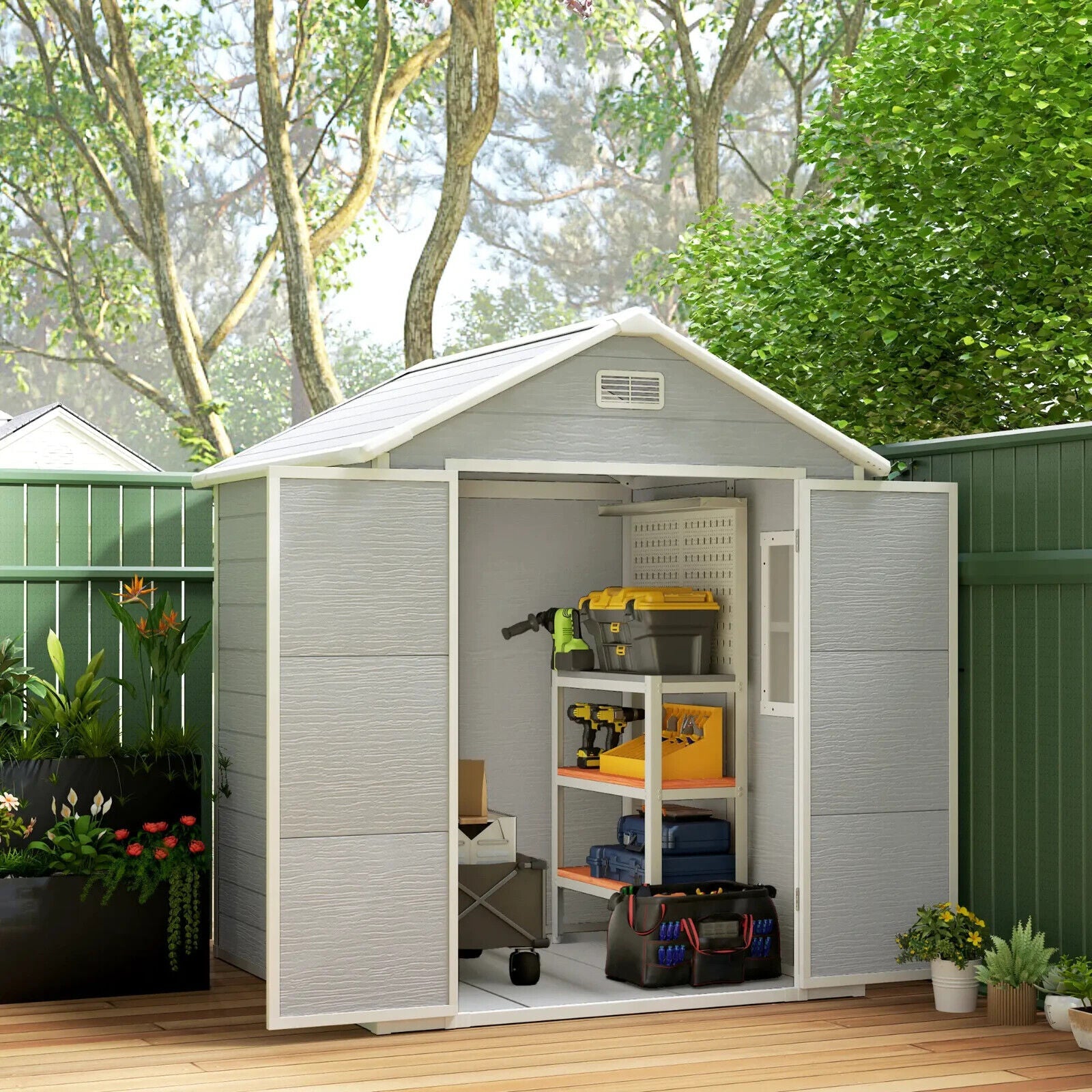 6 x 5ft Plastic Garden Shed with Floor Window Lockable Doors Vents Resin Storage - Home and Garden Furniture Shop - #rustic - furniture#