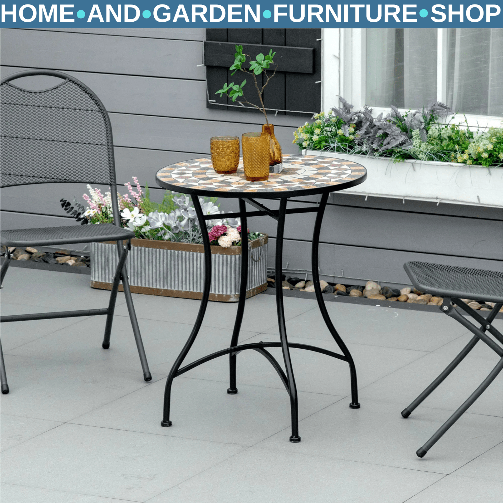 60cm Mosaic Garden Side Table with Ceramic Top Small Round Patio Balcony Table - Home and Garden Furniture Shop - rustic - furniture