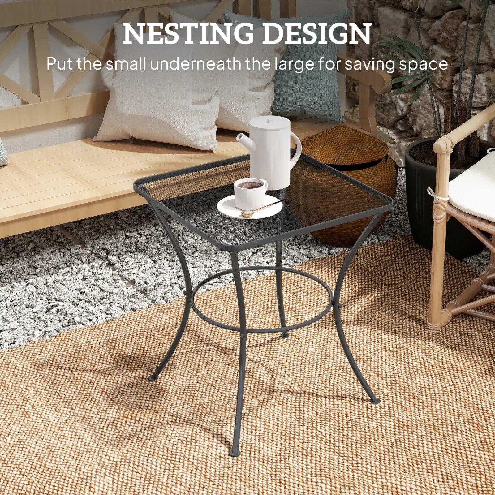 60cm Square Metal Garden Table Outdoor Bistro Side Table with Mesh Top Black - Home and Garden Furniture Shop - #rustic - furniture#