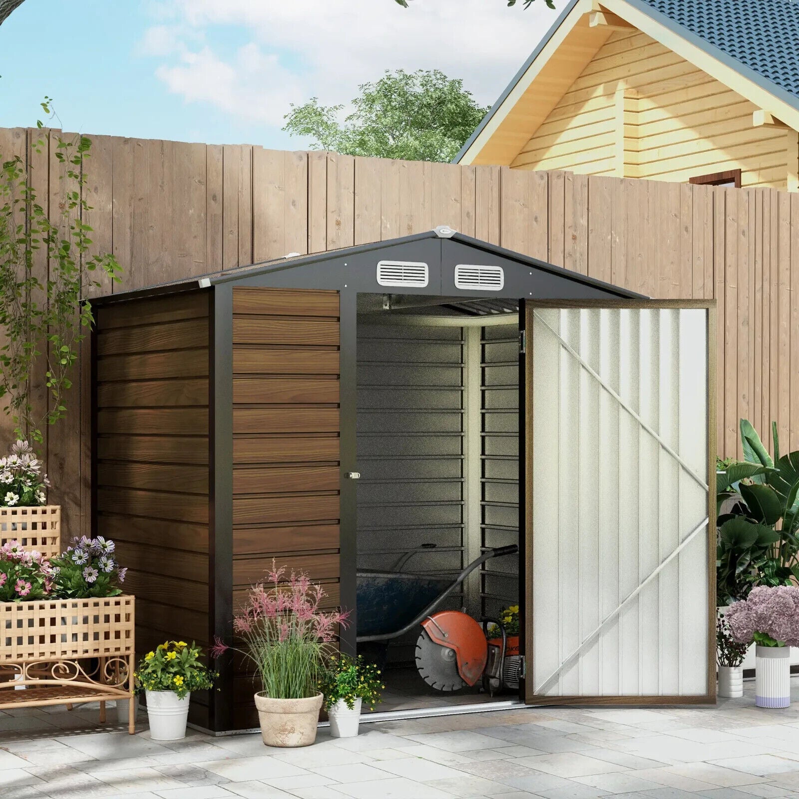6.2 x 4.3ft Garden Metal Shed with Vent Lockable Garden Patio Storage Shed Oak - Home and Garden Furniture Shop - #rustic - furniture#