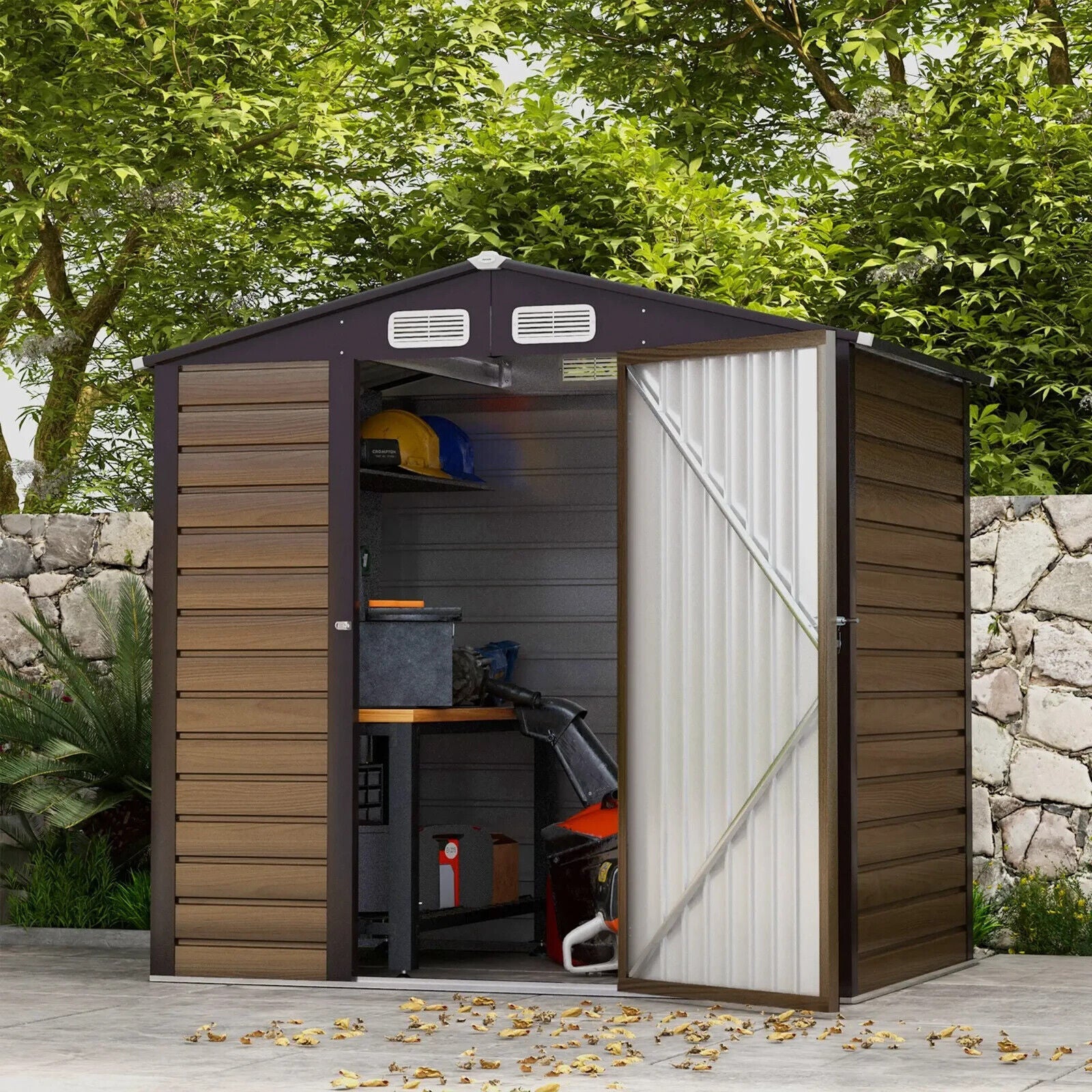 6.2 x 4.3ft Garden Metal Shed with Vent Lockable Garden Patio Storage Shed Oak - Home and Garden Furniture Shop - #rustic - furniture#