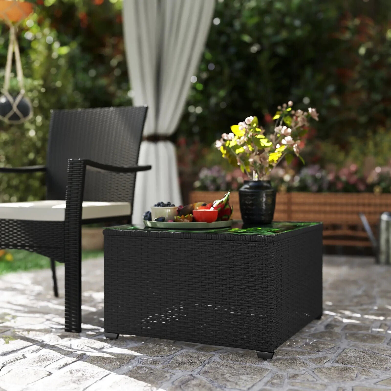 62 x 62cm Rattan Side Table with Glass Top Outdoor Patio Coffee Table for Garden - Home and Garden Furniture Shop - #rustic - furniture#
