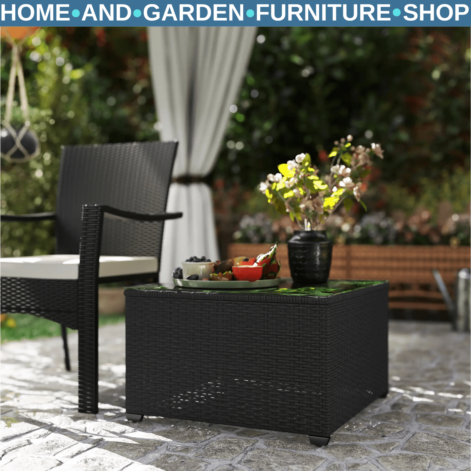 62 x 62cm Rattan Side Table with Glass Top Outdoor Patio Coffee Table for Garden - Home and Garden Furniture Shop - #rustic - furniture#