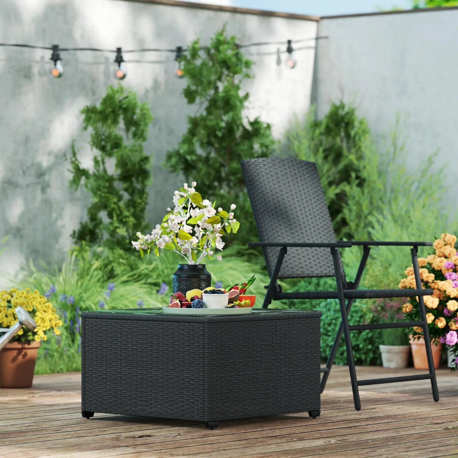 62 x 62cm Rattan Side Table with Glass Top Outdoor Patio Coffee Table for Garden - Home and Garden Furniture Shop - #rustic - furniture#