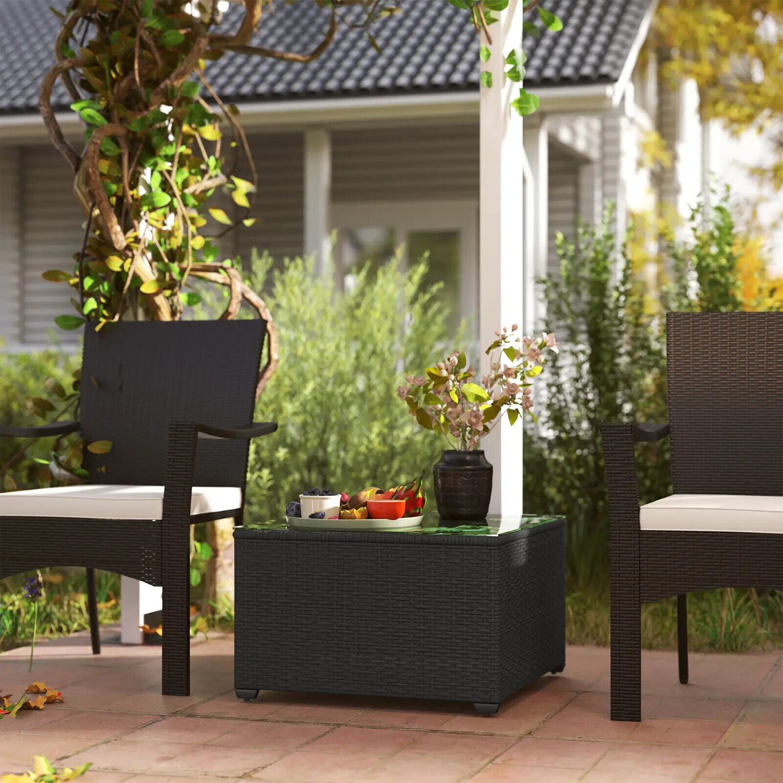 62 x 62cm Rattan Side Table with Glass Top Outdoor Patio Coffee Table for Garden - Home and Garden Furniture Shop - #rustic - furniture#