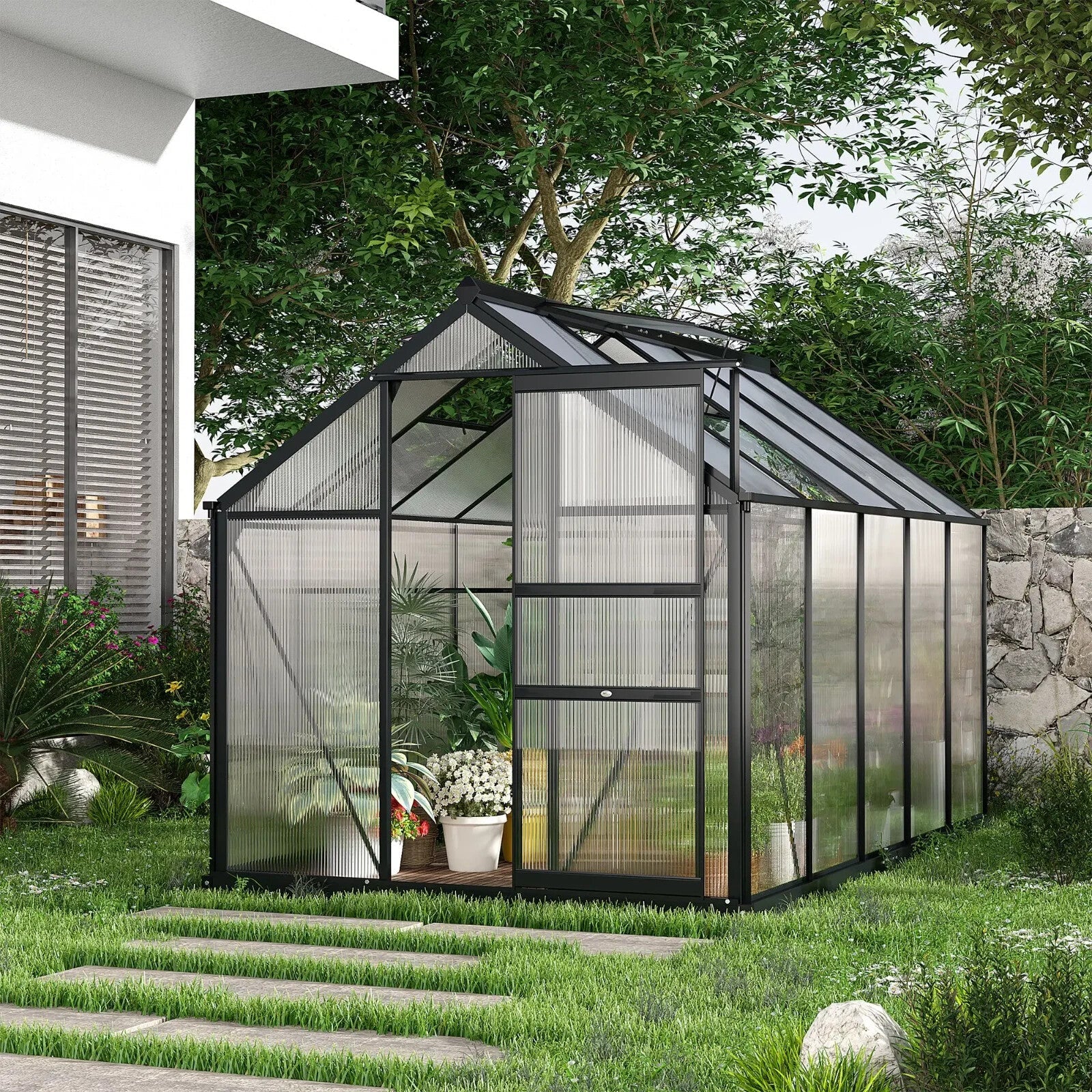 6x10ft Walk In Greenhouse Polycarbonate Panel Galvanised Base Aluminium House - Home and Garden Furniture Shop - rustic - furniture