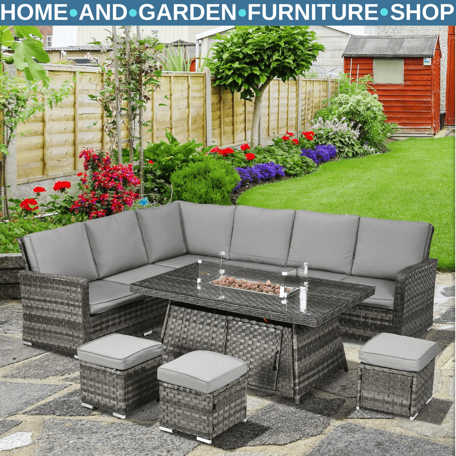 7 Pcs Rattan Garden Furniture Set w/ Gas Fire Pit Table Corner Sofa & Footstool - Home and Garden Furniture Shop - #rustic - furniture#
