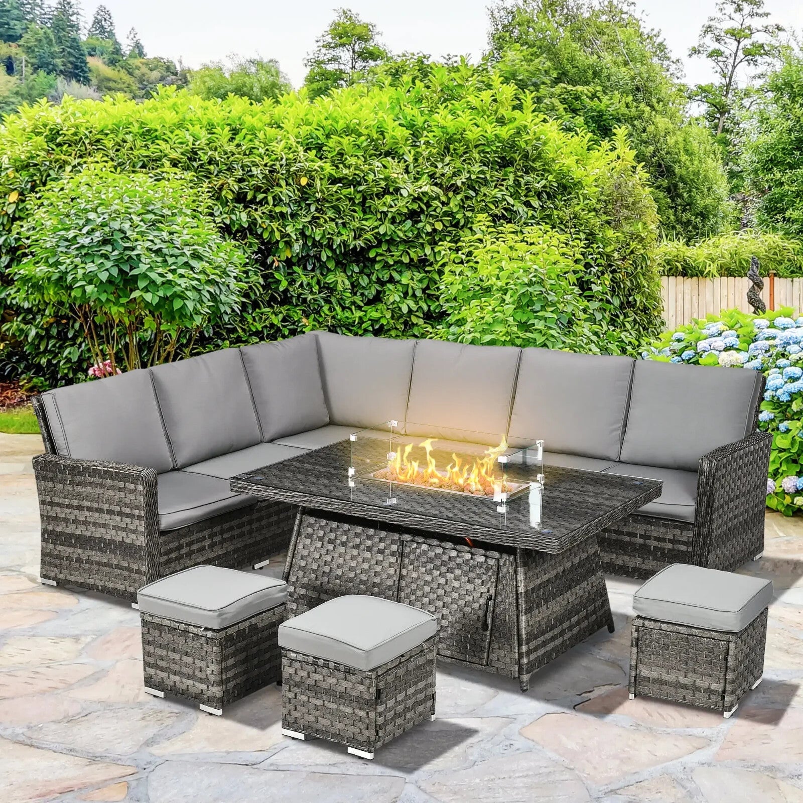 7 Pcs Rattan Garden Furniture Set w/ Gas Fire Pit Table Corner Sofa & Footstool - Home and Garden Furniture Shop - rustic - furniture