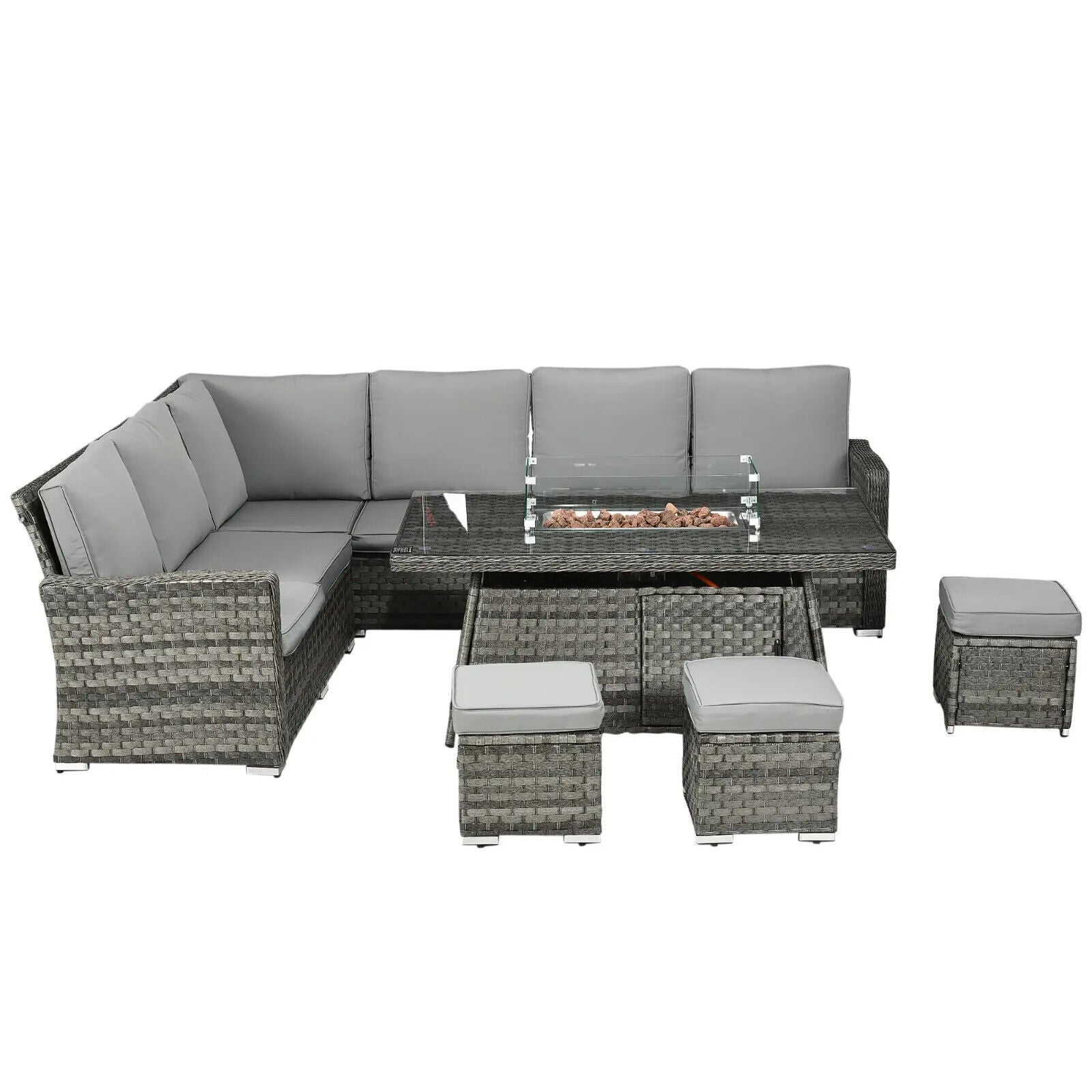 7 Pcs Rattan Garden Furniture Set w/ Gas Fire Pit Table Corner Sofa & Footstool - Home and Garden Furniture Shop - #rustic - furniture#