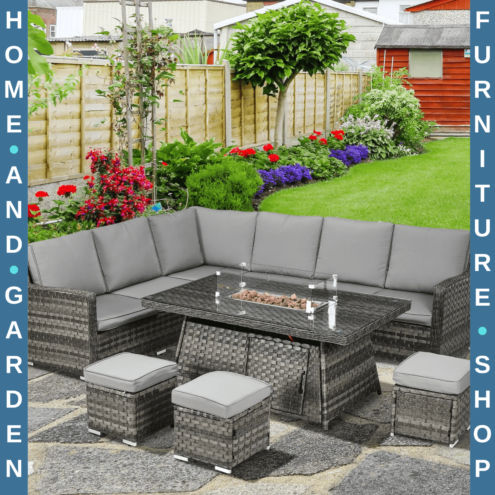 7 Pcs Rattan Garden Furniture Set w/ Gas Fire Pit Table Corner Sofa & Footstool - Home and Garden Furniture Shop - rustic - furniture