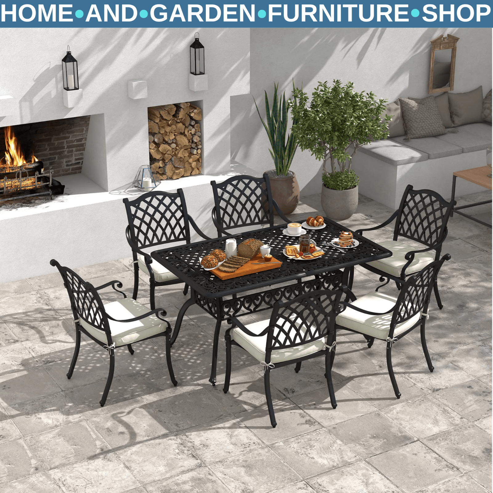 7 Piece Aluminium Patio Dining Set Garden Table & Chair w/ Umbrella Hole Outdoor - Home and Garden Furniture Shop - rustic - furniture